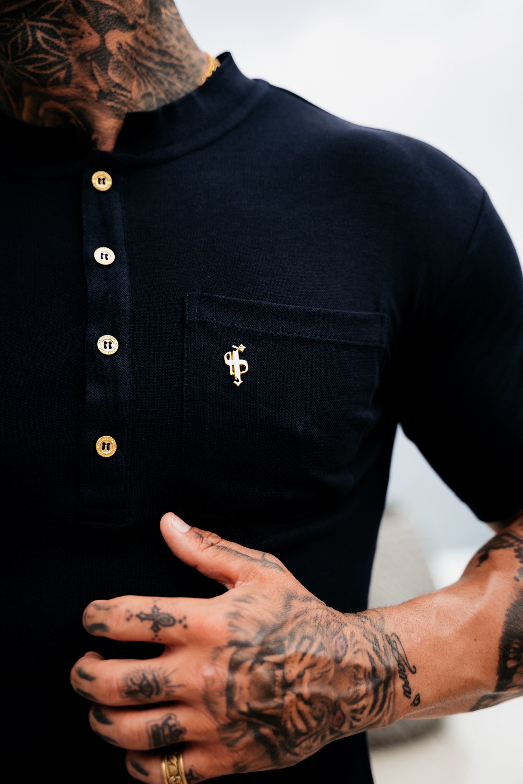 Classic Navy and Gold Grandad Polo Shirt With Pocket - FSH828