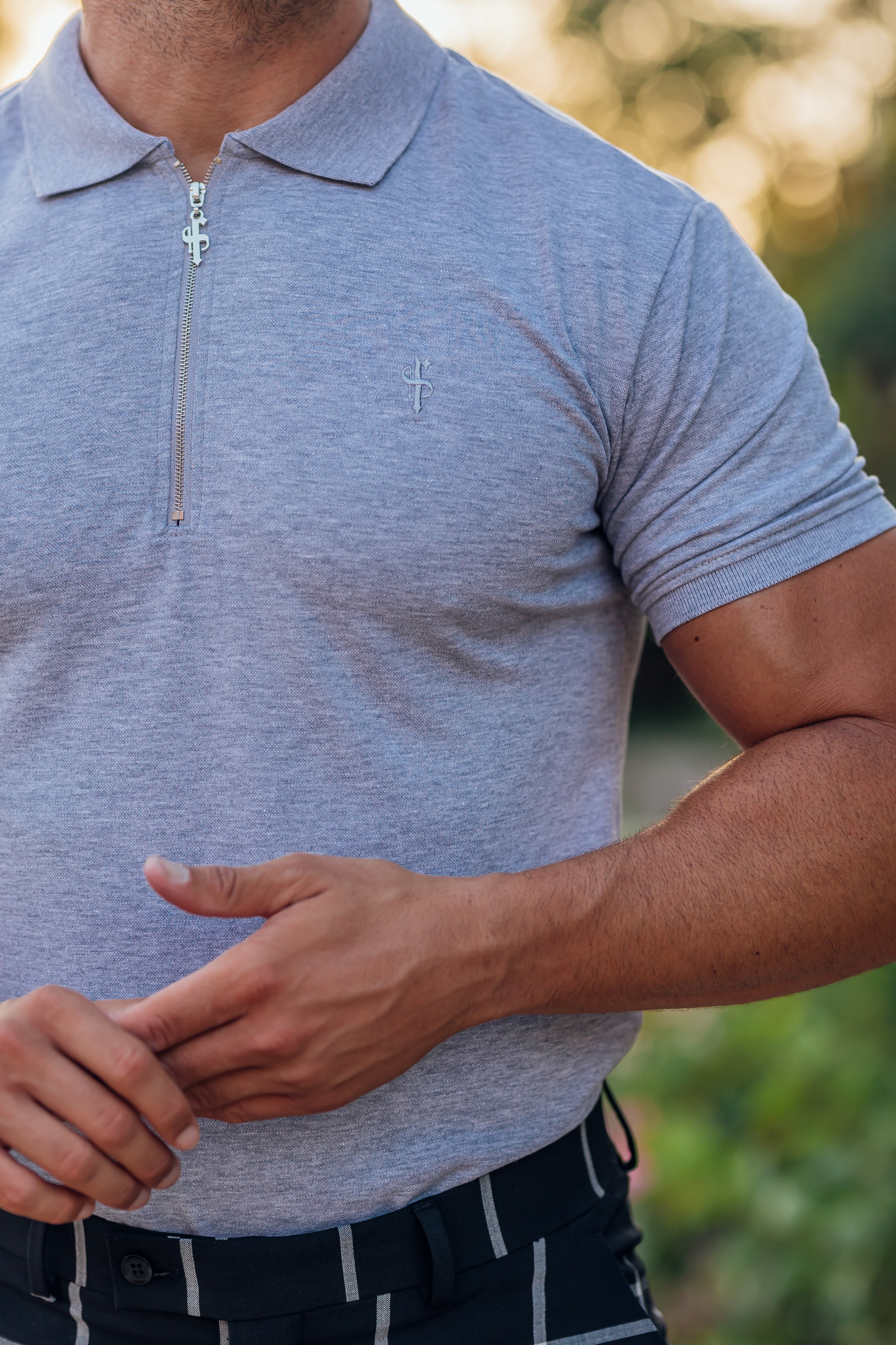 Classic Light Grey and Silver Zipped Polo Shirt - FSH813