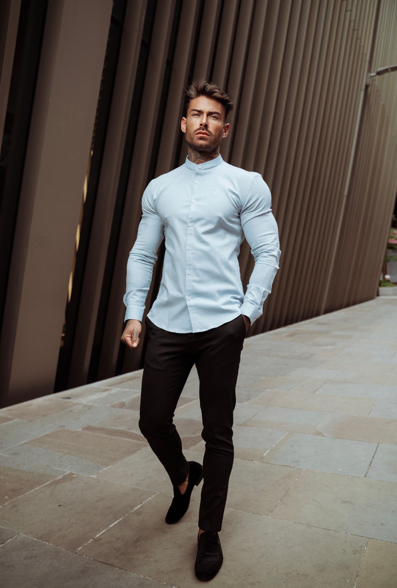 Super Slim Stretch Classic Oxford Light Blue with Grandad Collar - FS938