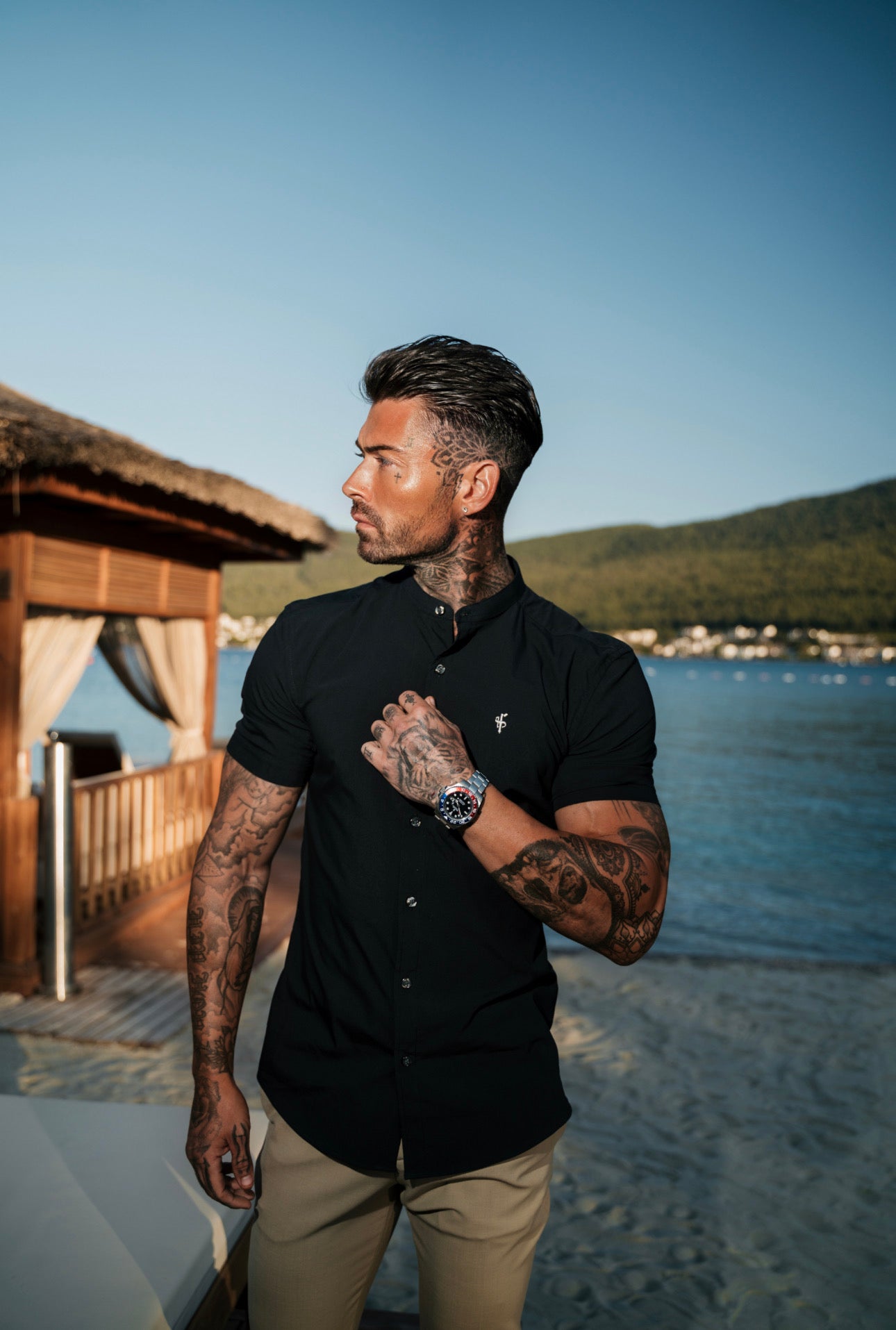 Super Slim Stretch Classic Black Grandad Collar Short Sleeve - FS173