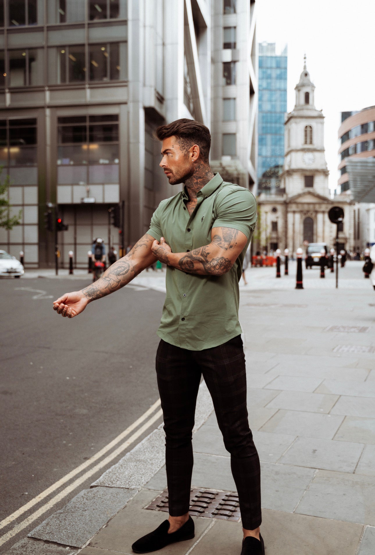 Super Slim Stretch Classic Khaki Short Sleeve With Button Down Collar -  FS818