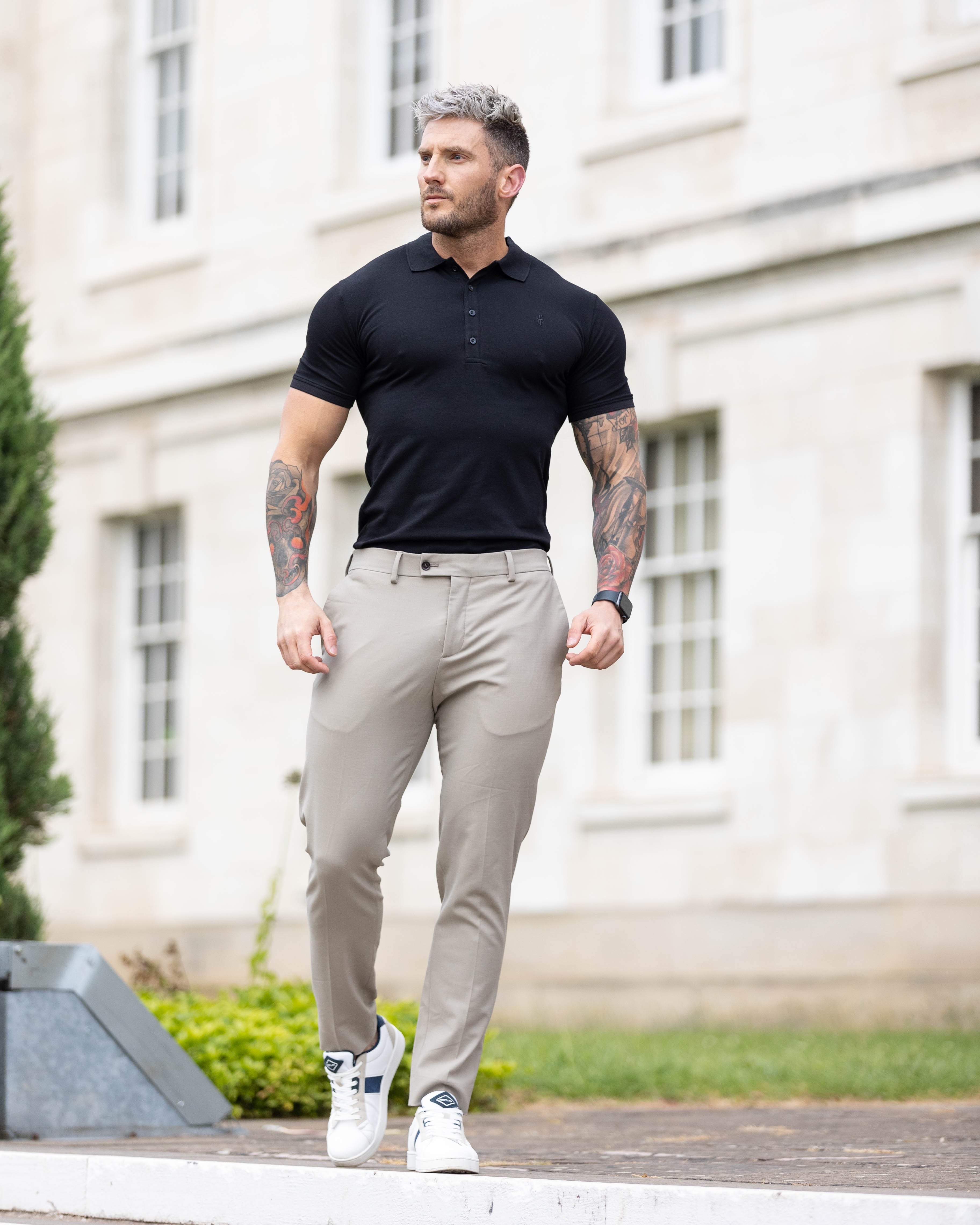 Classic Black Polo Shirt with Tonal Button and Embroidery - FSH824