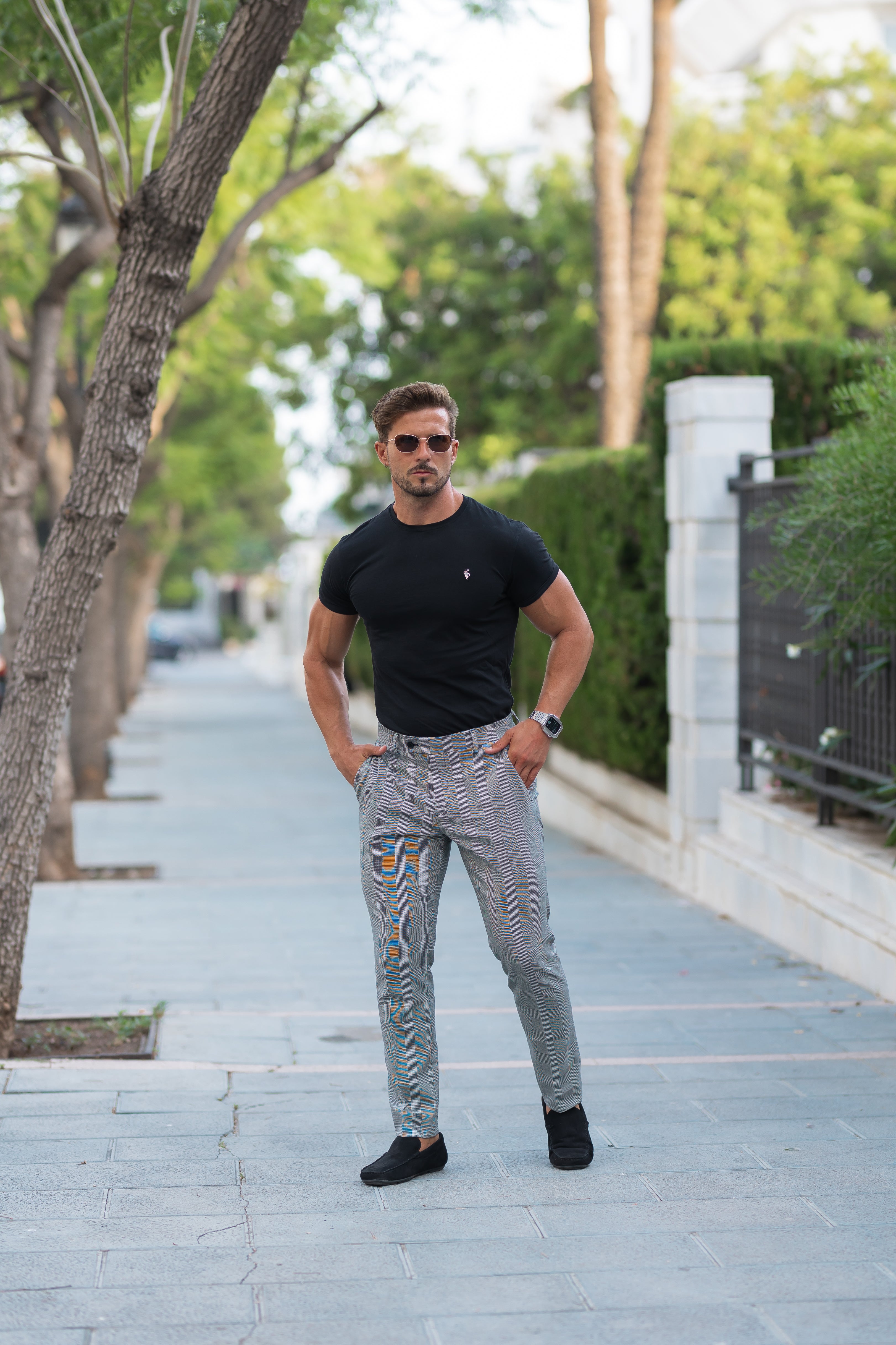 Slim Formal Black / Ecru Prince of Wales Check Stretch Trousers - FSTR012