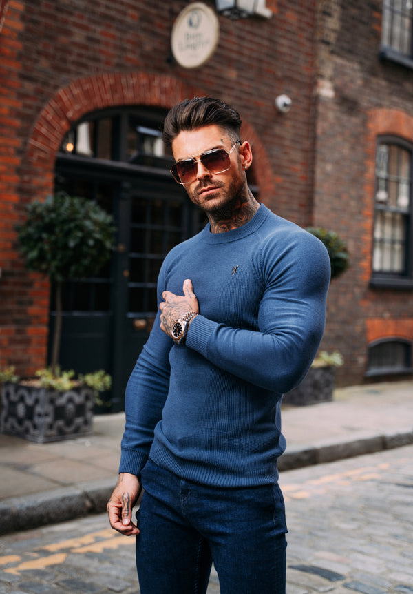 Father Sons Air Force Blue Knitted Honeycomb Raglan Crew Super Slim Jumper With Metal Decal - FSN066