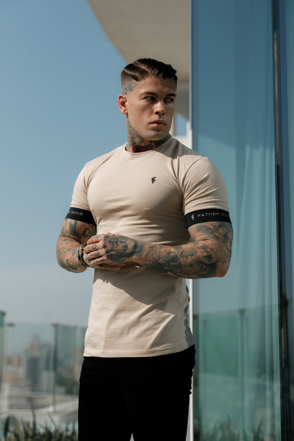 Father Sons Classic Beige Crew T Shirt with FS Elastic Sleeve Branding - FSH782 (PRE ORDER 23RD JUNE)