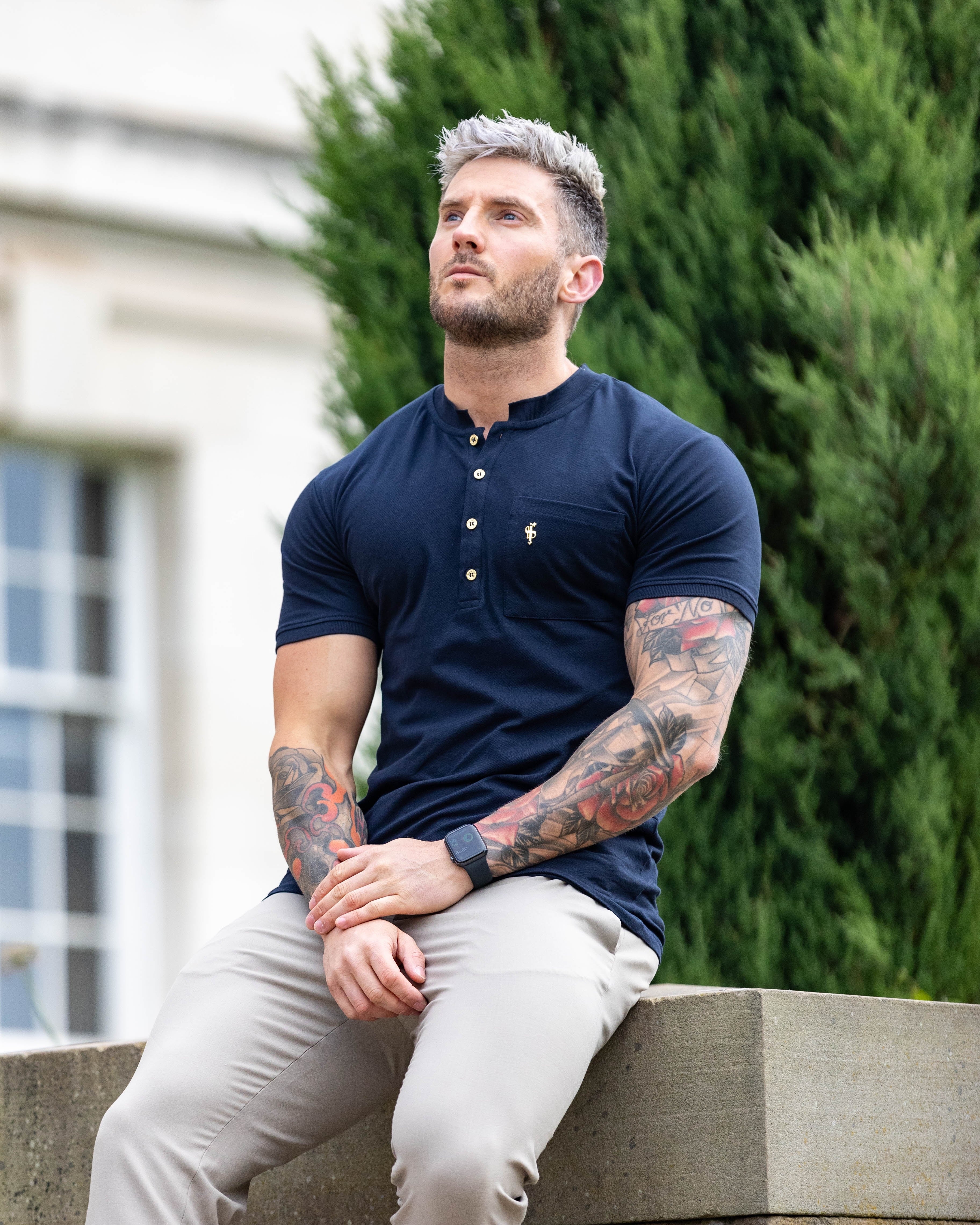 Classic Navy and Gold Grandad Polo Shirt With Pocket - FSH828