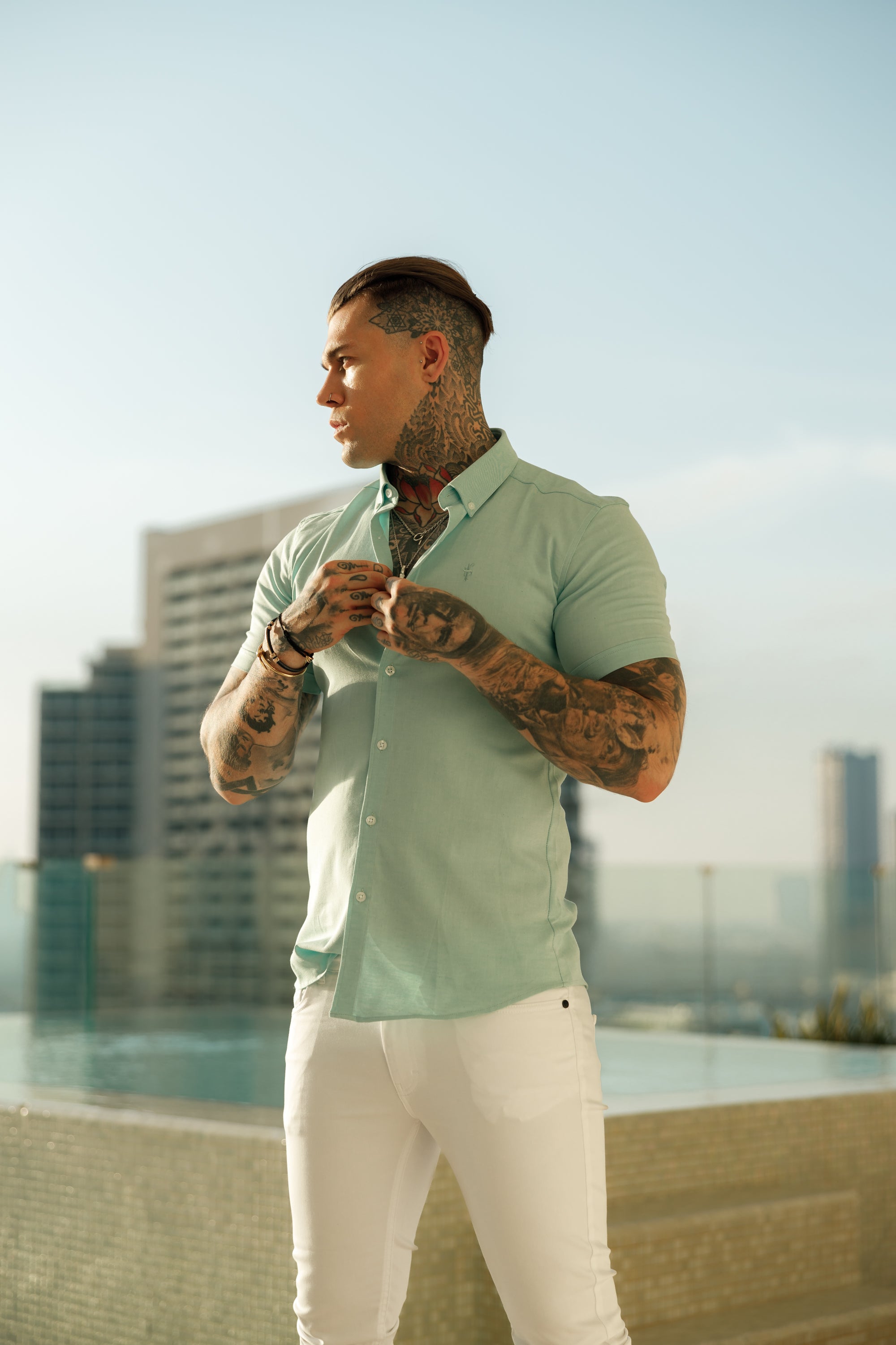 Super Slim Stretch Classic Oxford Mint Short Sleeve - FS311