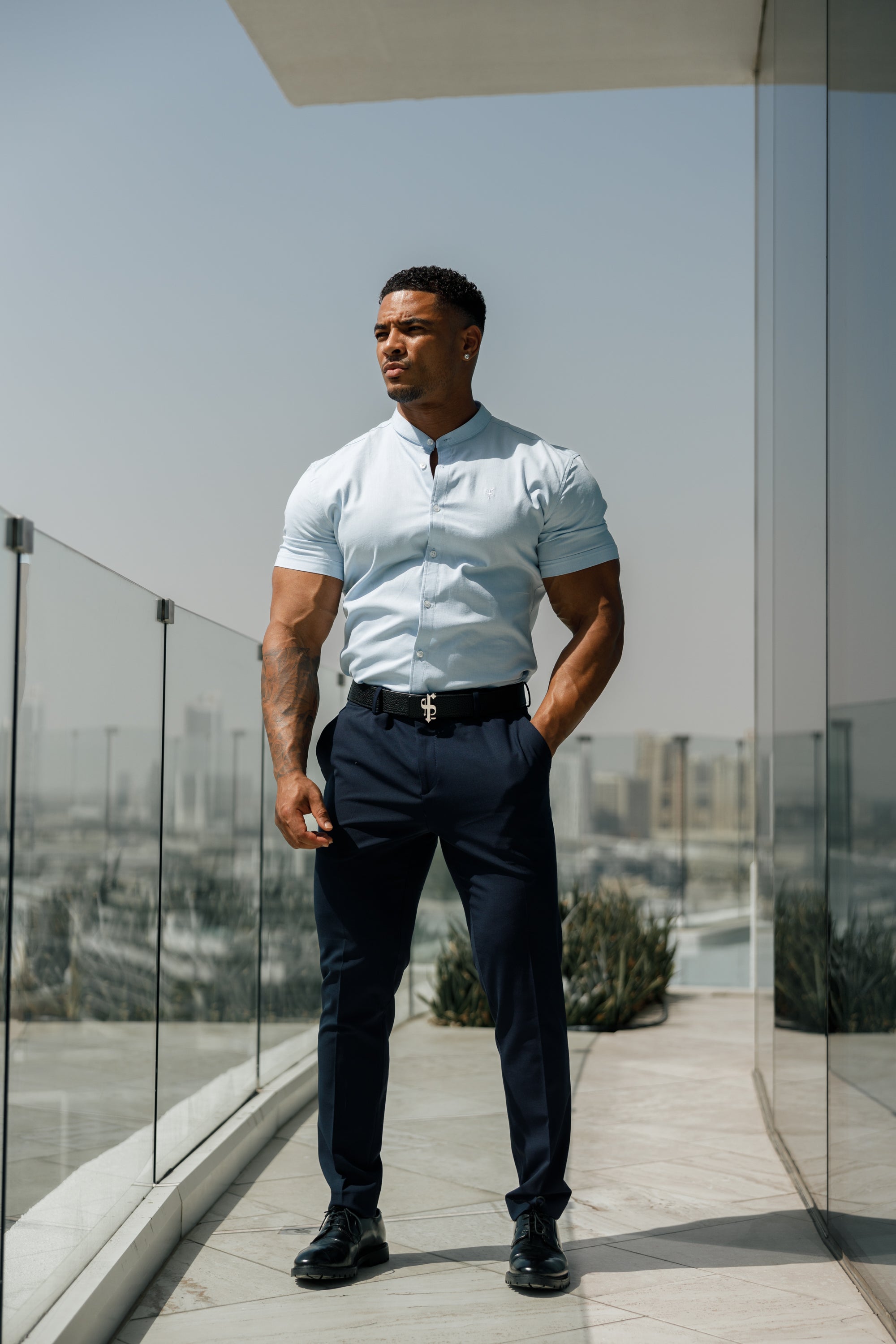 Super Slim Stretch Classic Oxford Light Blue Short Sleeve with Grandad Collar - FS937