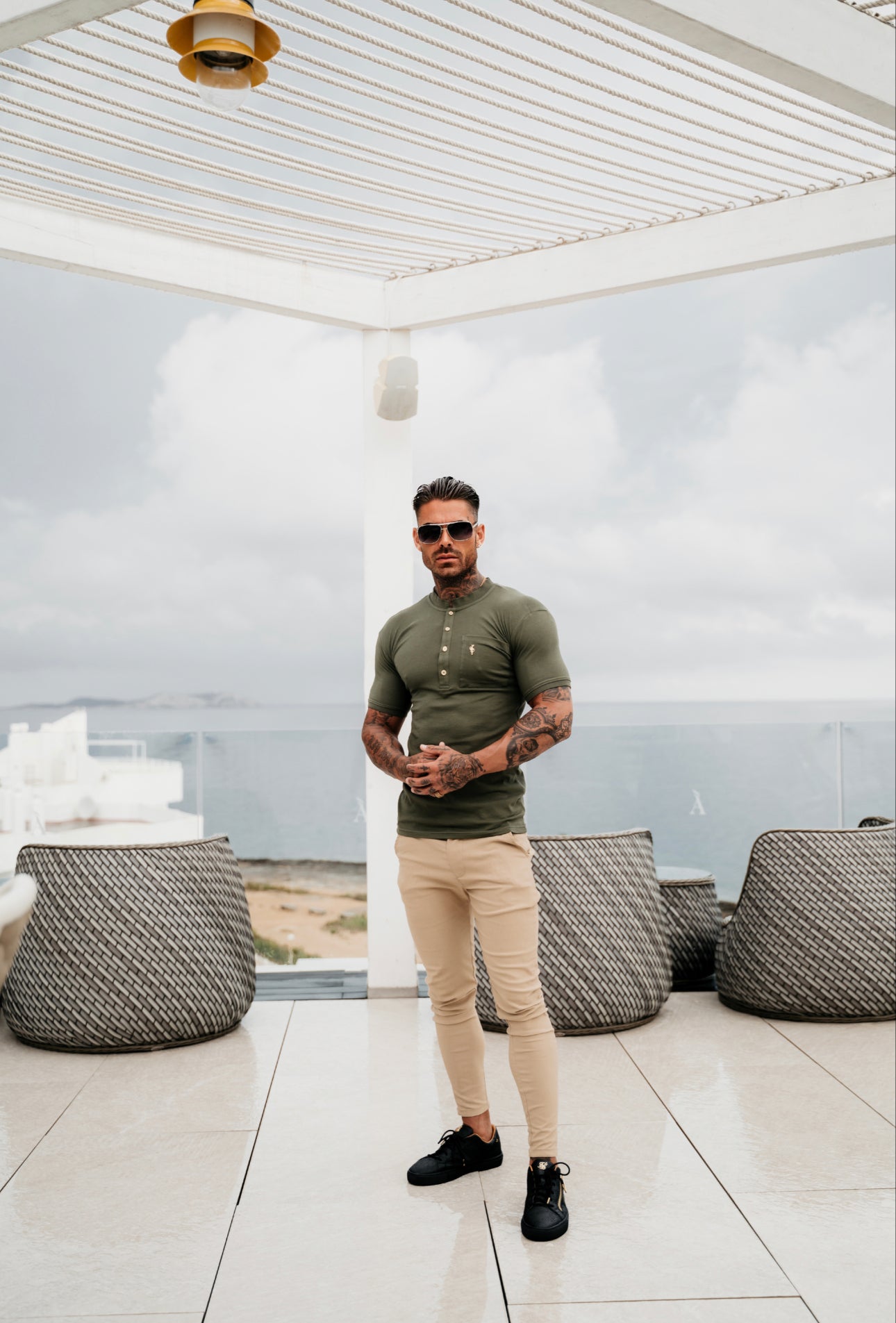 Classic Khaki and Gold Grandad Polo Shirt With Pocket - FSH829