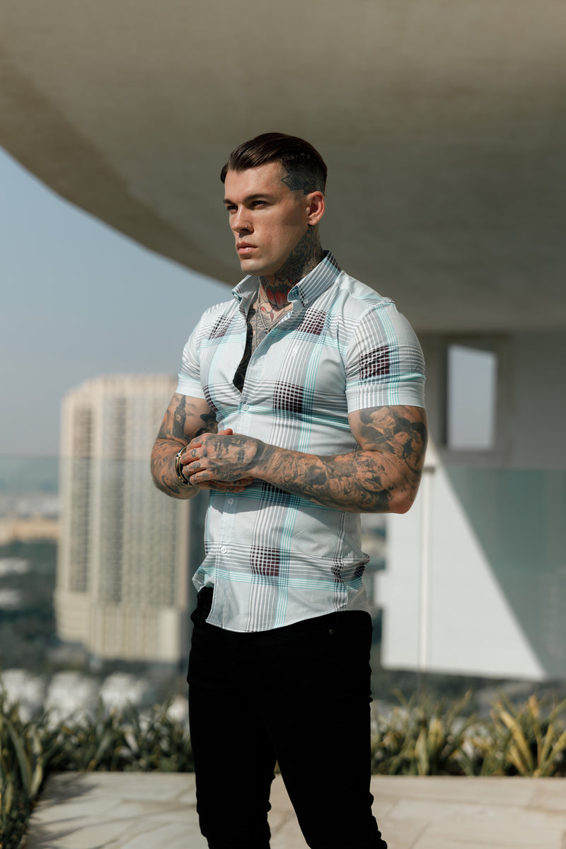 Father Sons Super Slim Stretch Aqua Check Print Short Sleeve with Button Down Collar - FS915
