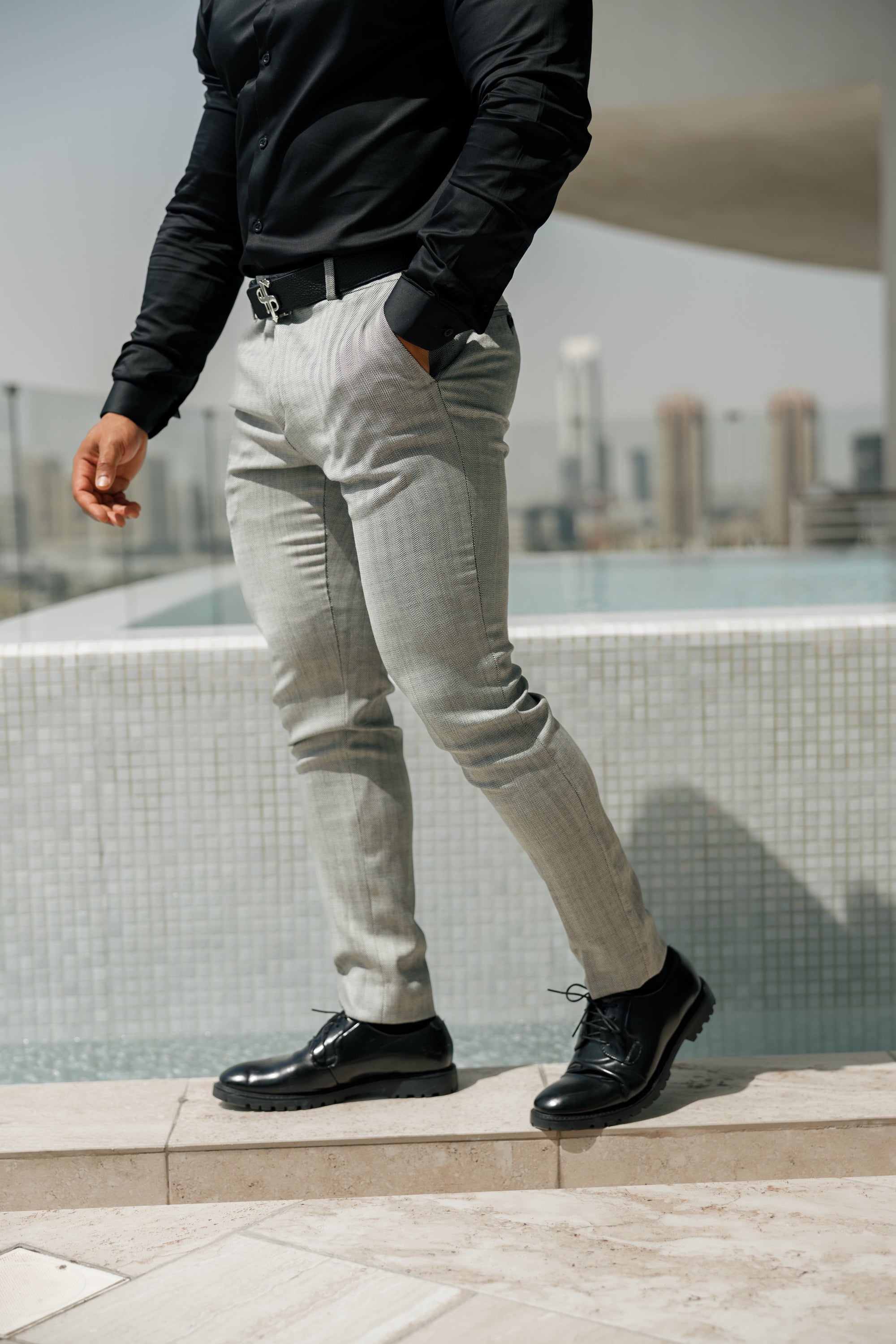 Slim Formal Black and White Herringbone Stretch Trousers - FST014