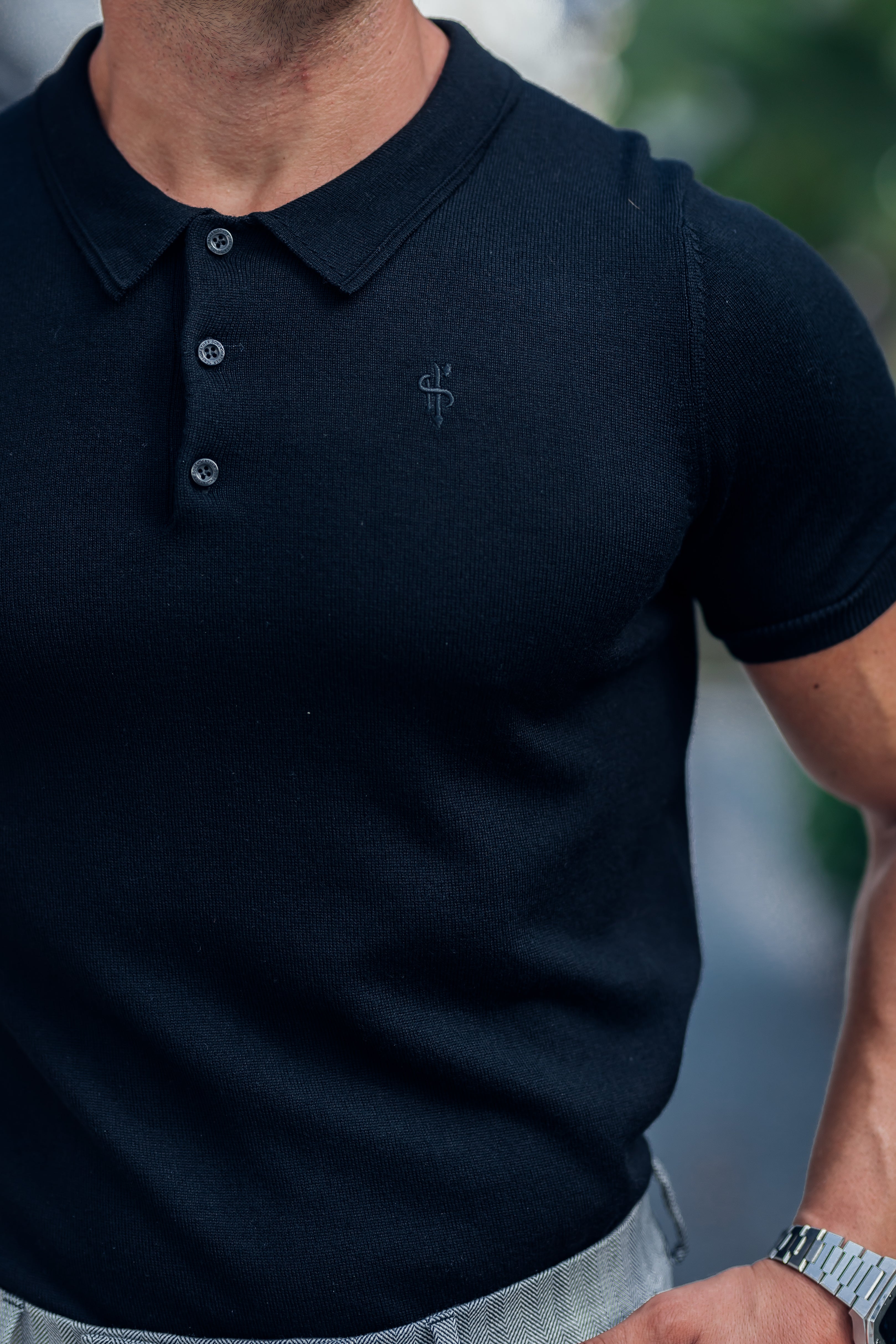 Classic Black Merino Wool Knitted Polo Jumper Short Sleeve With FS Embroidery- FSN022