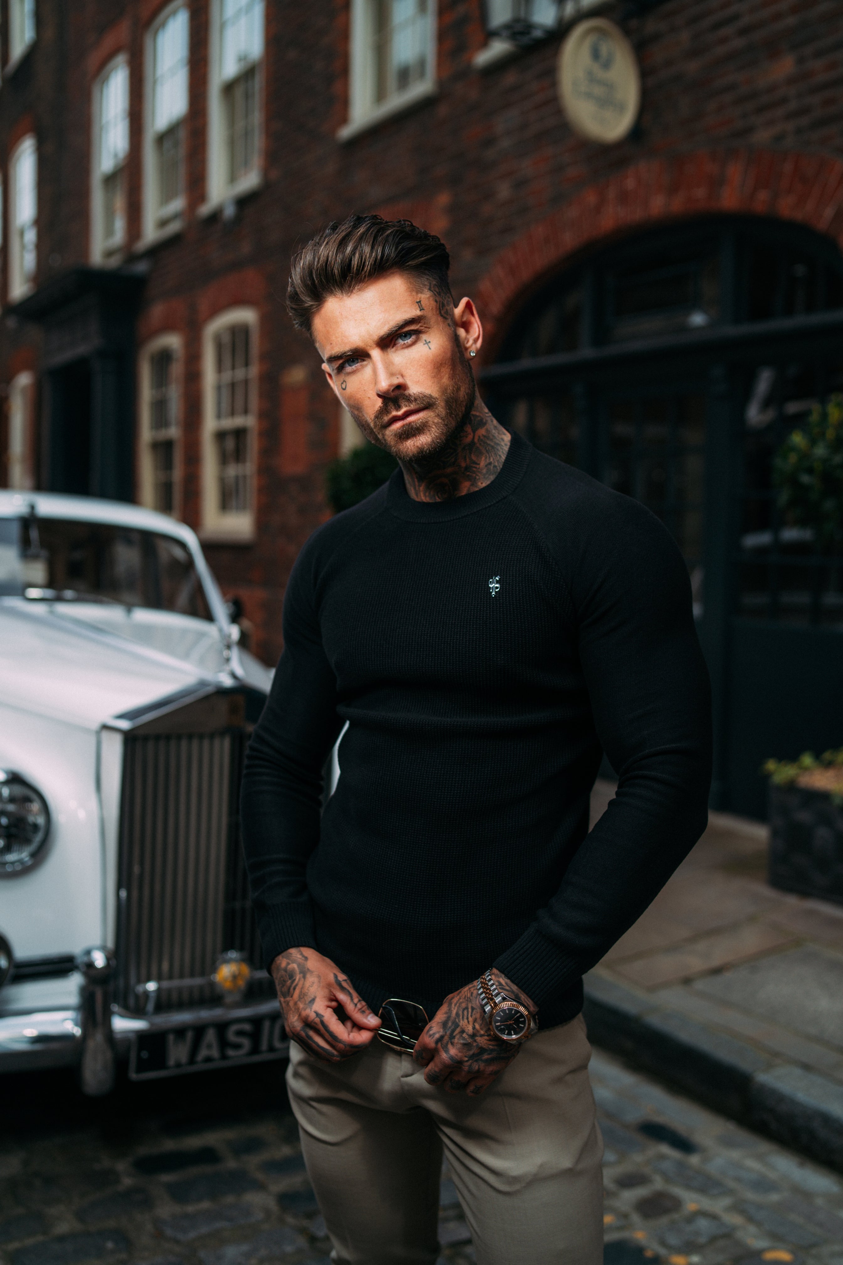 Black Knitted Honeycomb Raglan Crew Super Slim Jumper With Metal Decal - FSN059