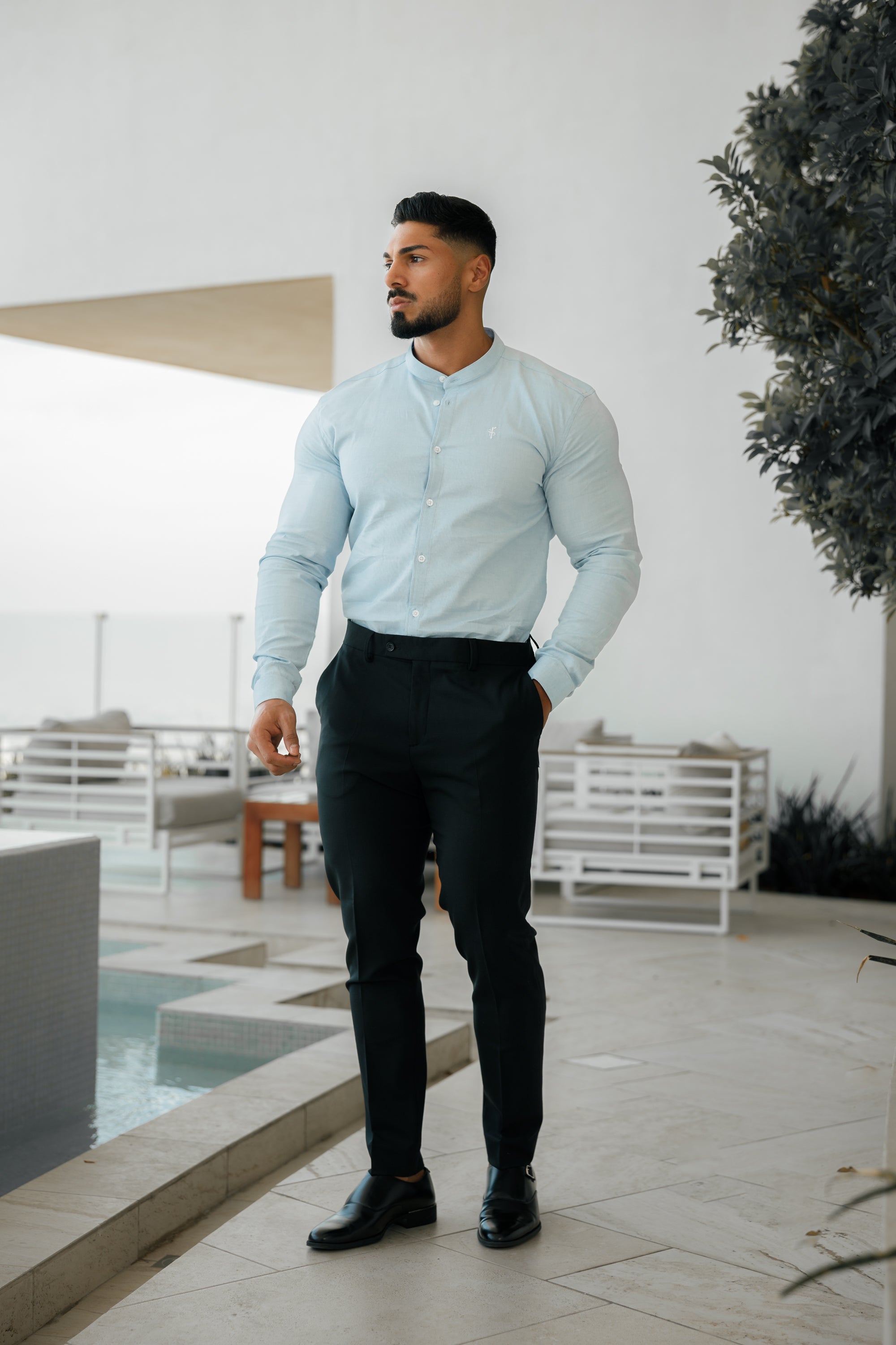 Super Slim Stretch Classic Oxford Light Blue with Grandad Collar - FS938