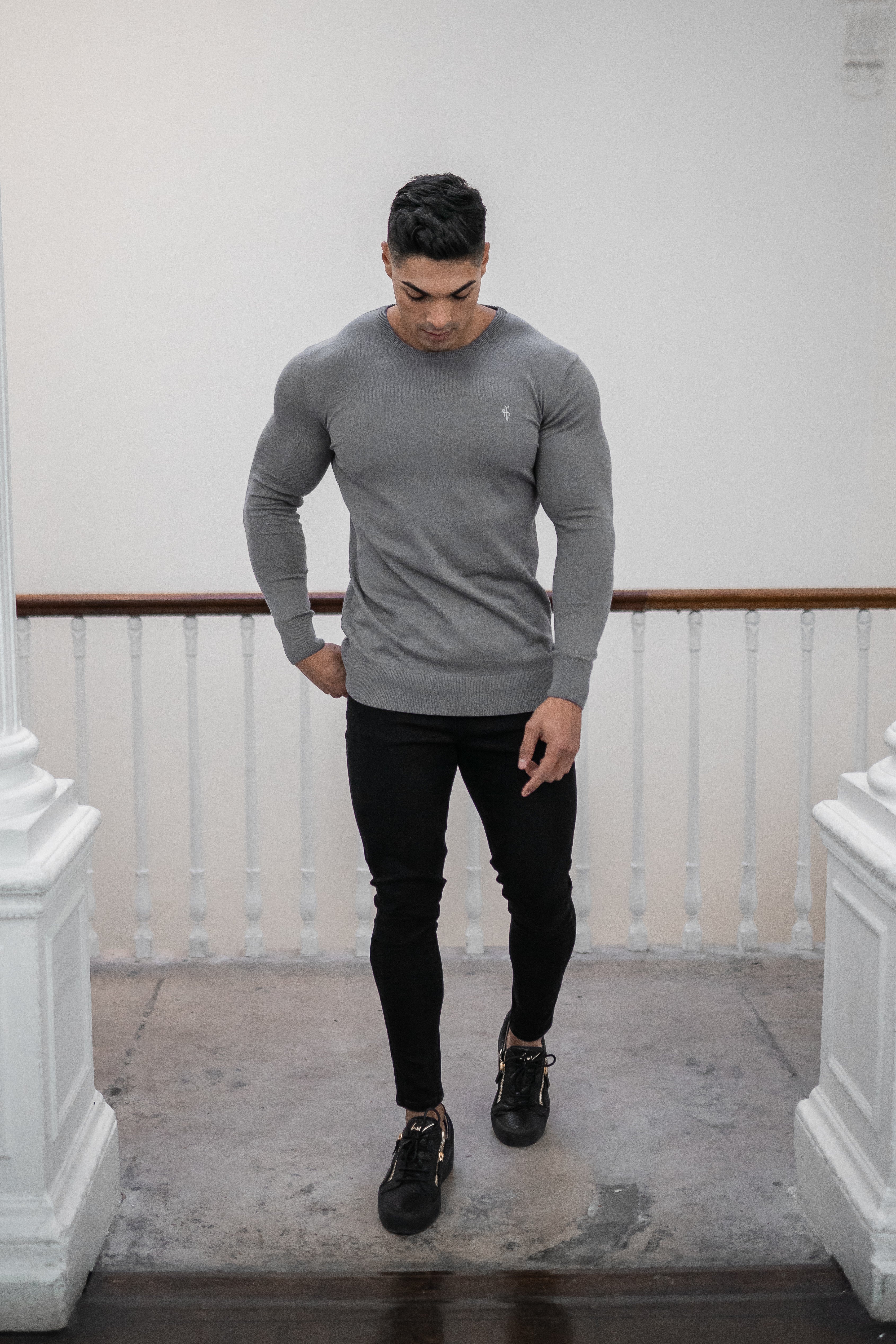 Classic Charcoal Grey Crew Knitted Jumper (Charcoal Emblem) - FSH366