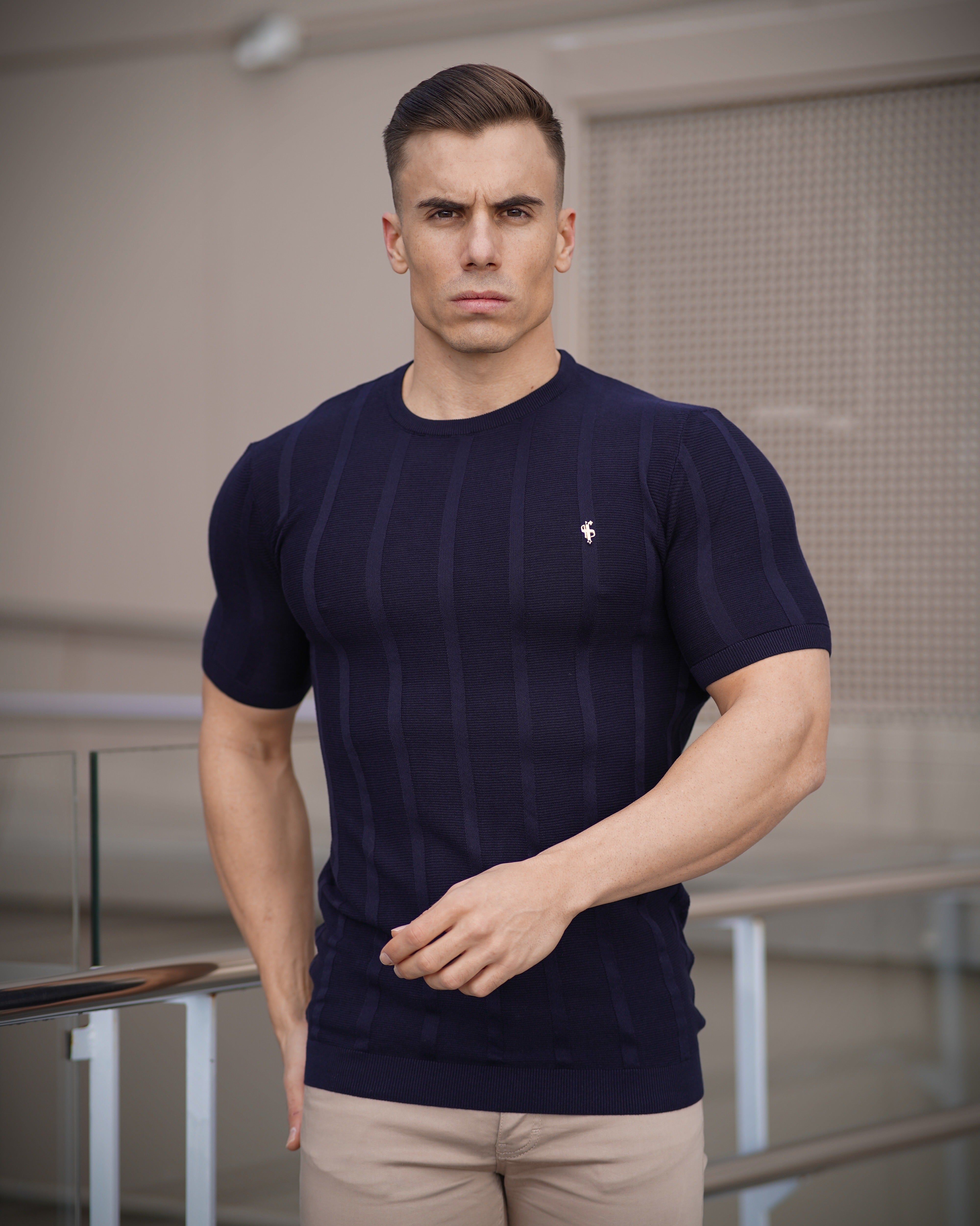 Classic Short Sleeve Navy Knitted Wide Rib Crew with Gold Emblem - FSH562