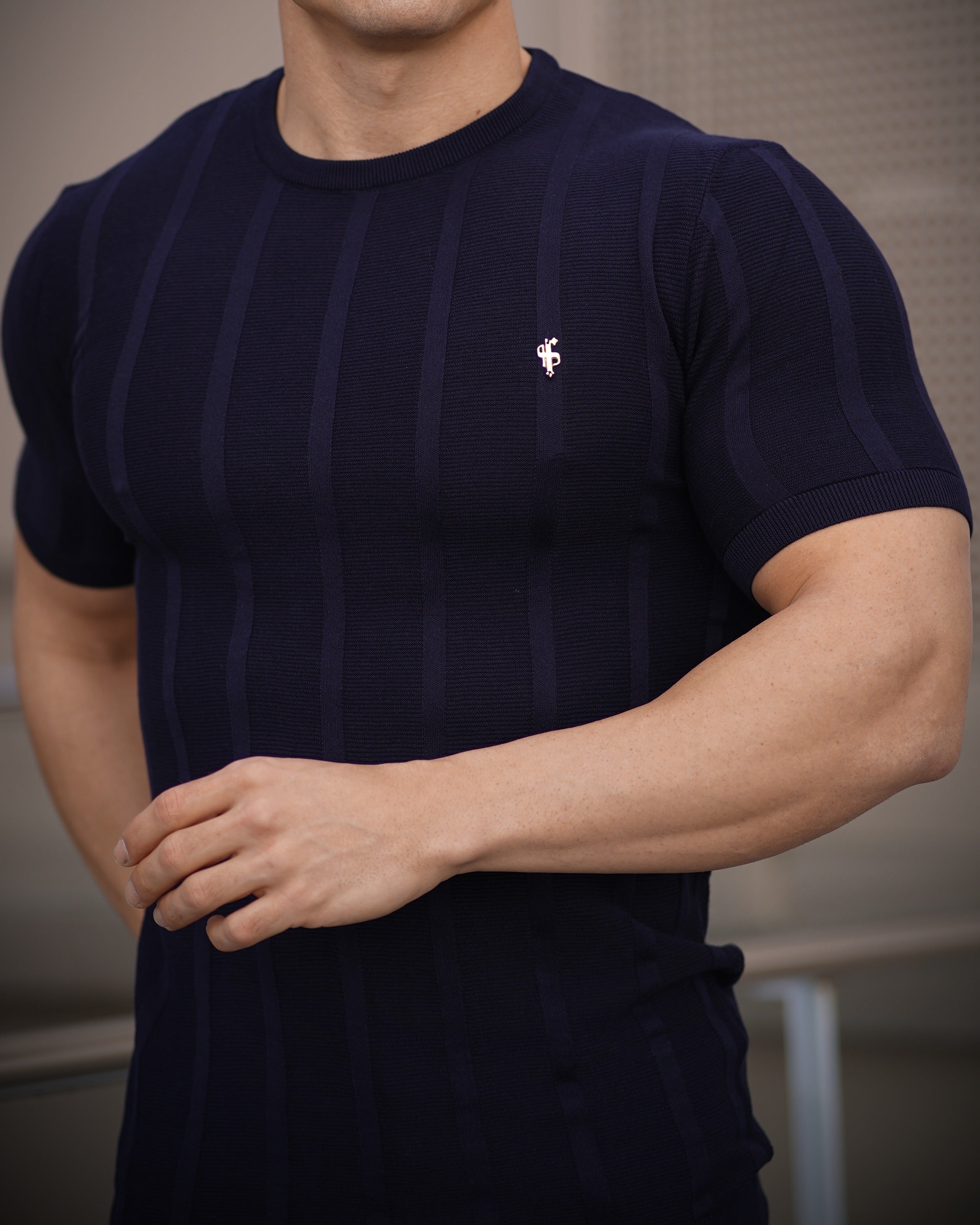 Classic Short Sleeve Navy Knitted Wide Rib Crew with Gold Emblem - FSH562