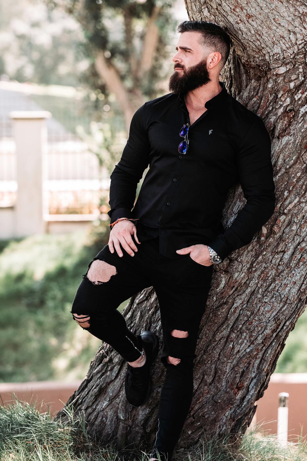 Super Slim Stretch Black Denim Long Sleeve (Silver Emblem) - FS295