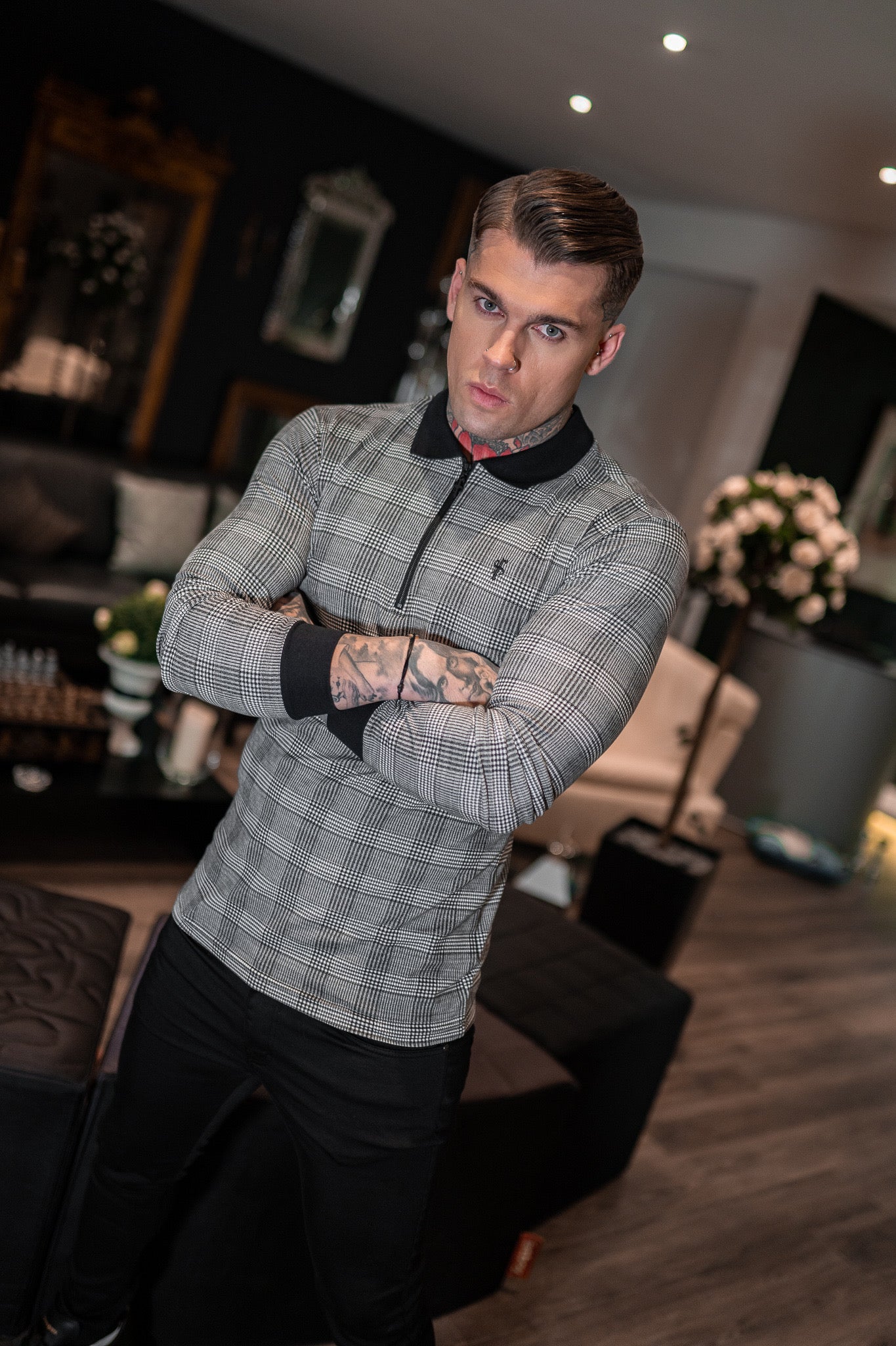 Prince Of Wales Zipped Long Sleeve Polo Shirt- FSH437