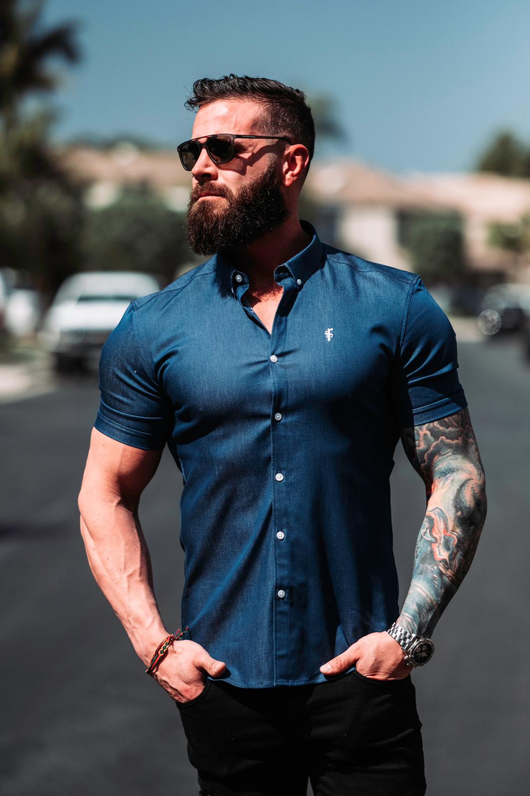 Super Slim Stretch Aegean Blue Denim Short Sleeve - FS346