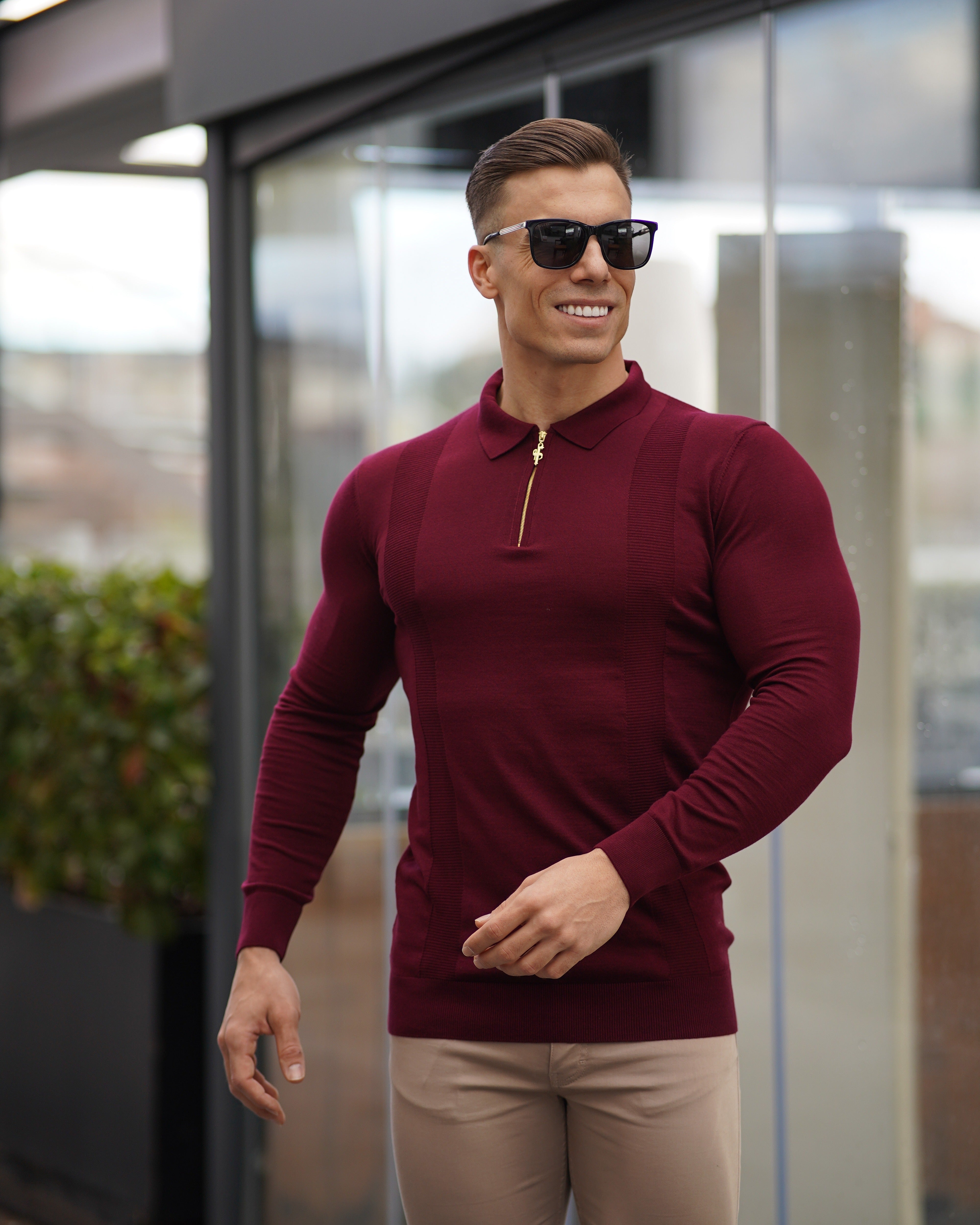 Classic Burgundy and Gold Zip Knitted Long Sleeve Polo Shirt - FSH566