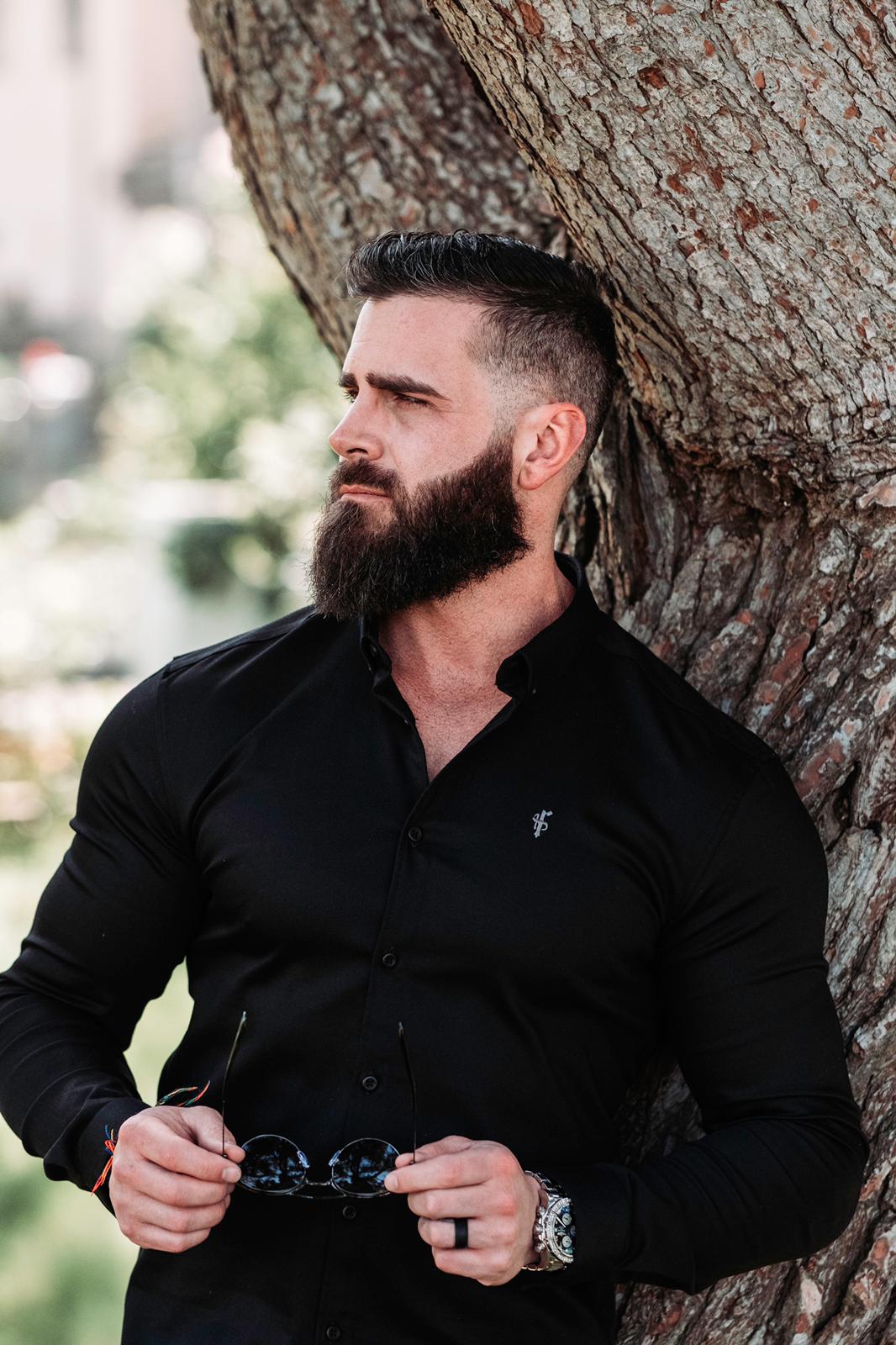 Super Slim Stretch Black Denim Long Sleeve (Silver Emblem) - FS295