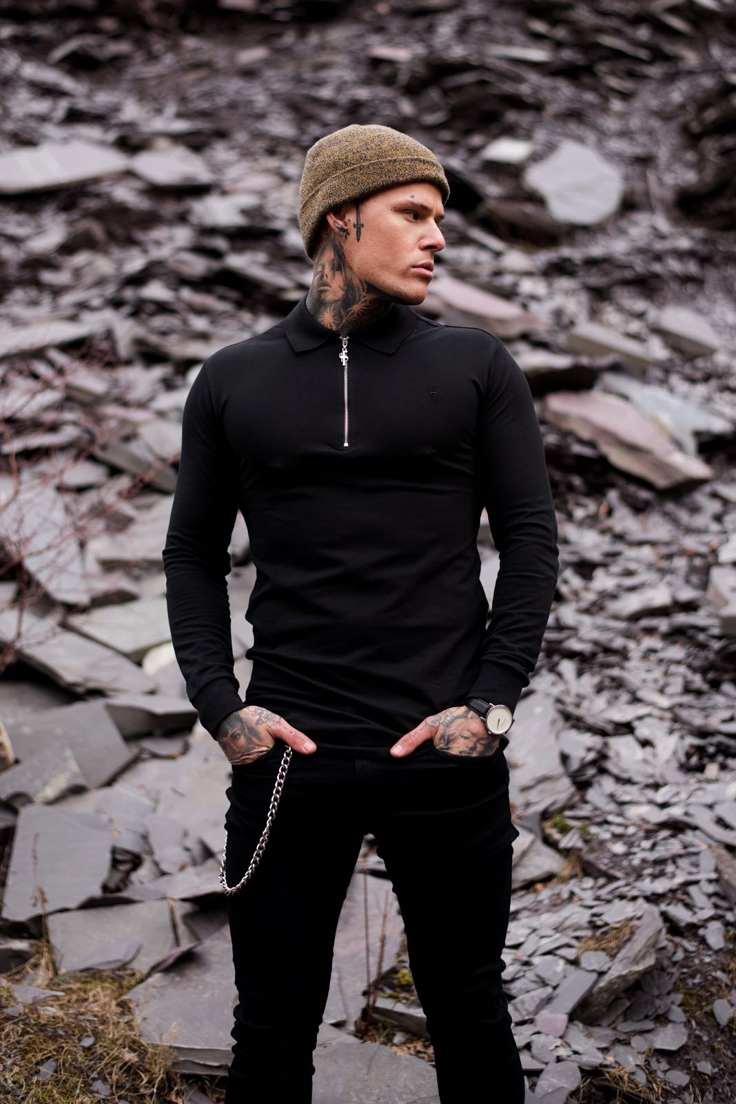 Classic Black Zipped Polo Long Sleeve Shirt - FSH025