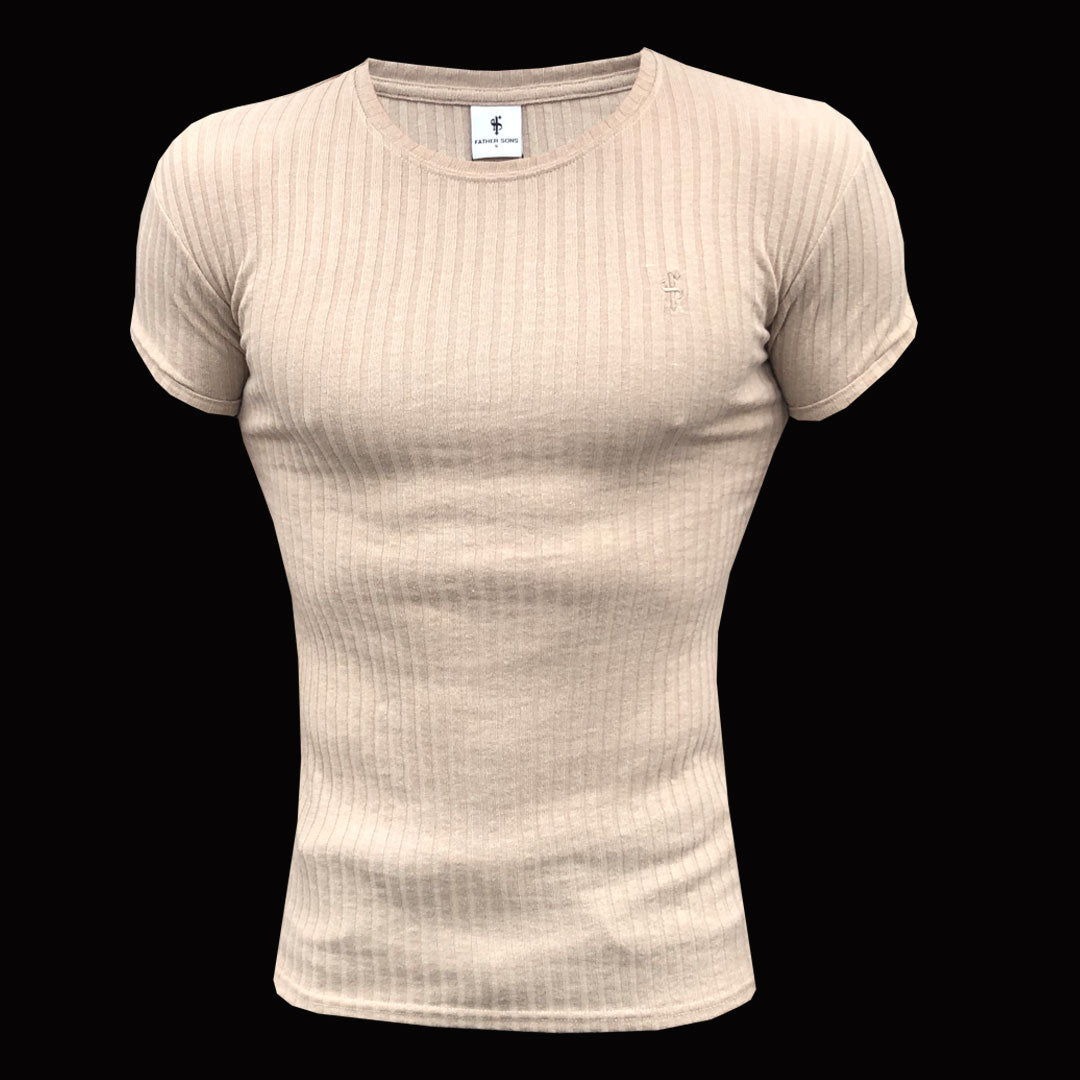 Classic Beige Ribbed Knit Short Sleeve Super Slim Long Line Crew - FSH295