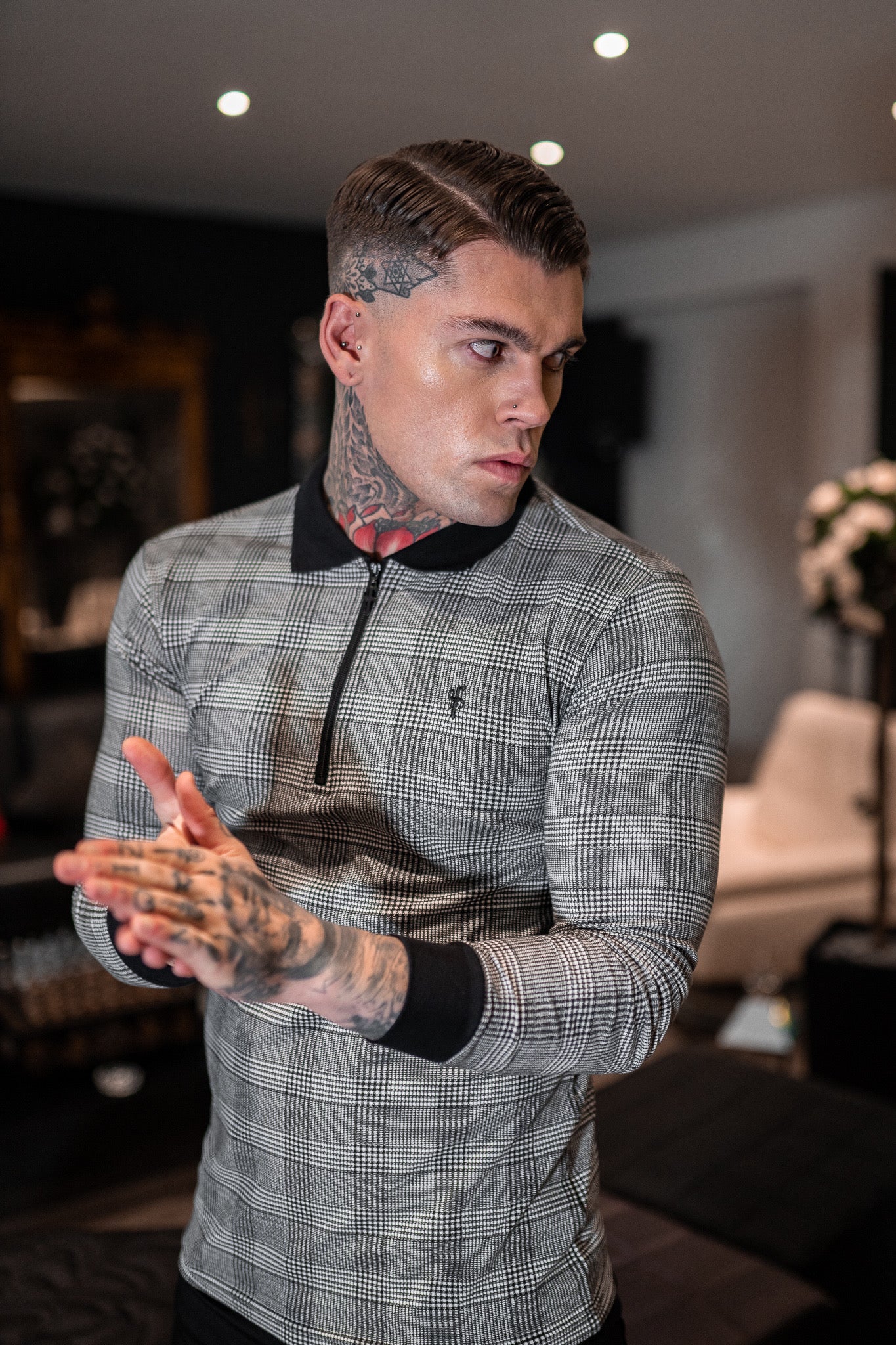 Prince Of Wales Zipped Long Sleeve Polo Shirt- FSH437