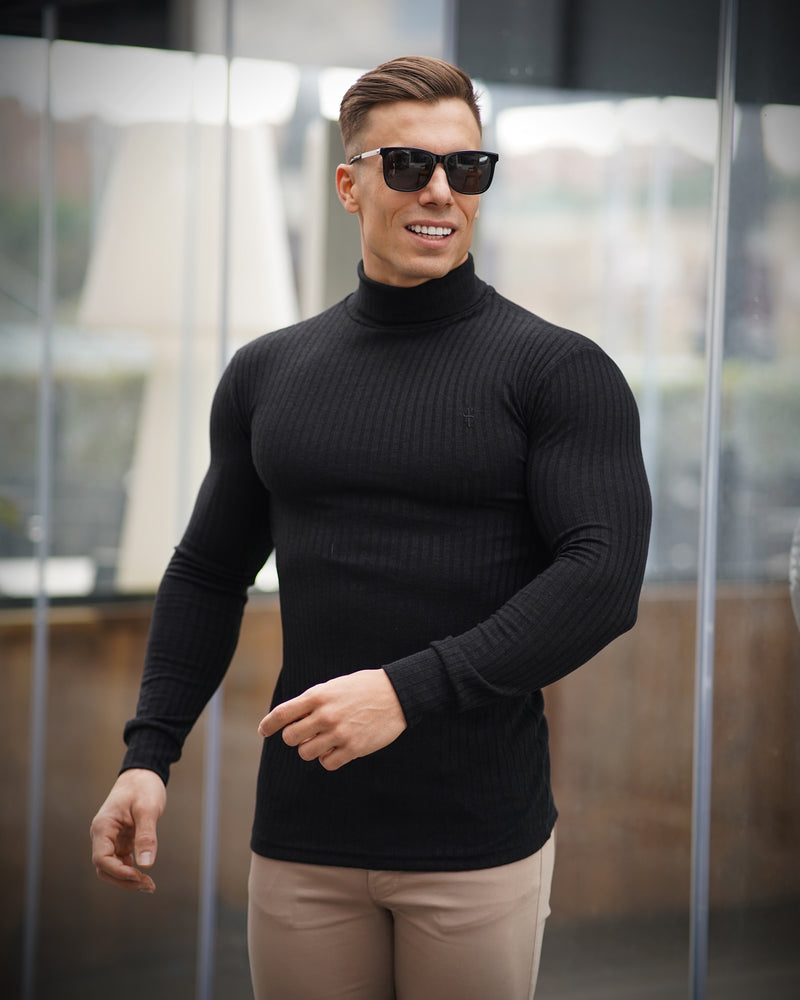 Father Sons Classic Black Ribbed Knit Roll-neck Jumper - FSH591