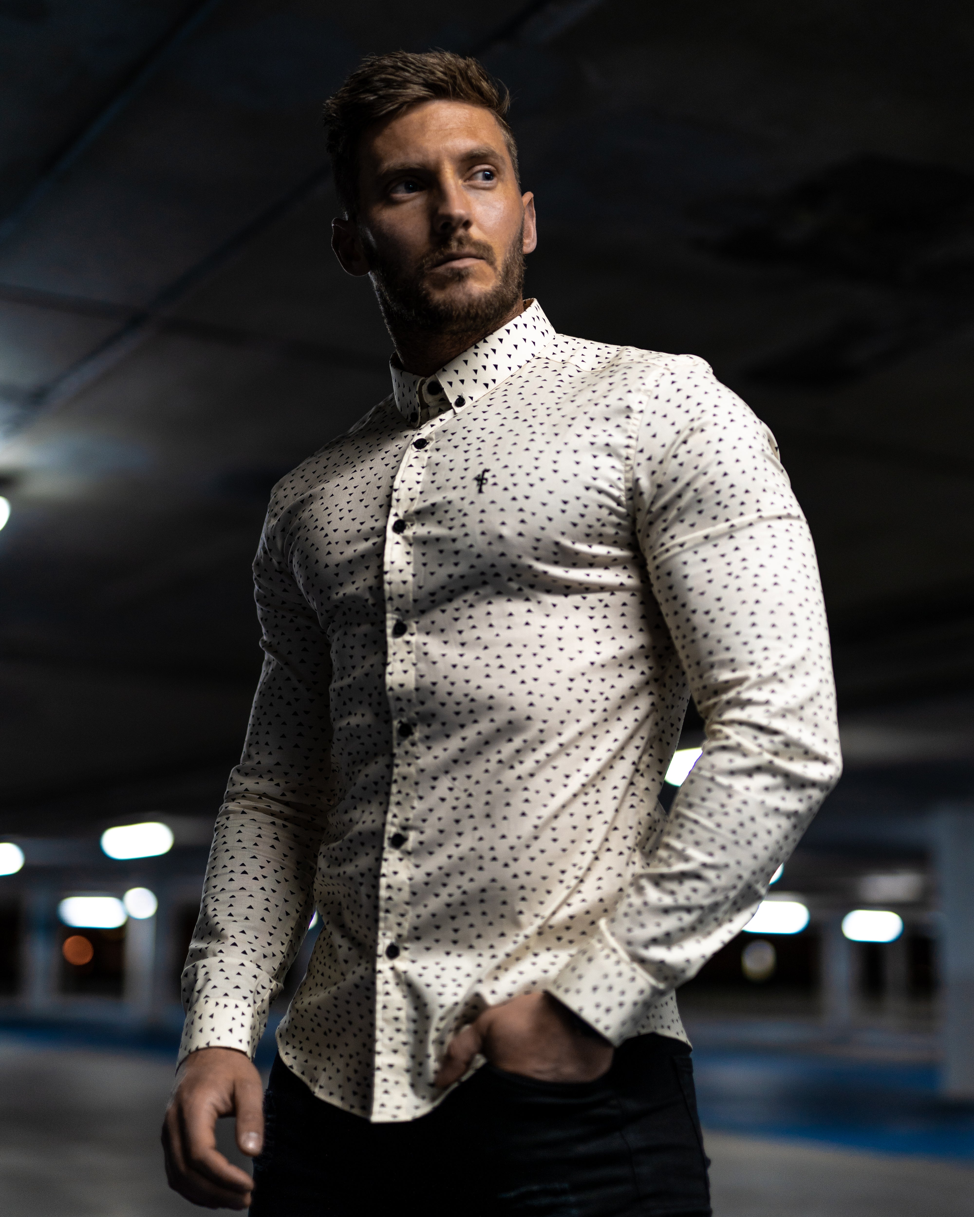 Super Slim Stretch Classic Cream and Black Poly Print Long Sleeve - FS472 (LAST CHANCE)