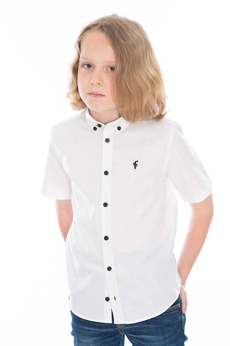 Boys Classic White Black Button Short Sleeve - FSB005 (LAST CHANCE)