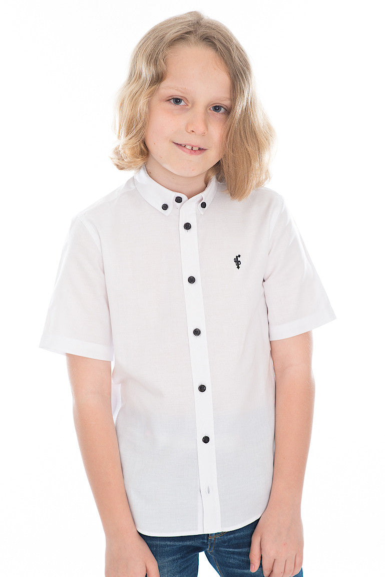 Boys Classic White Black Button Short Sleeve - FSB005 (LAST CHANCE)