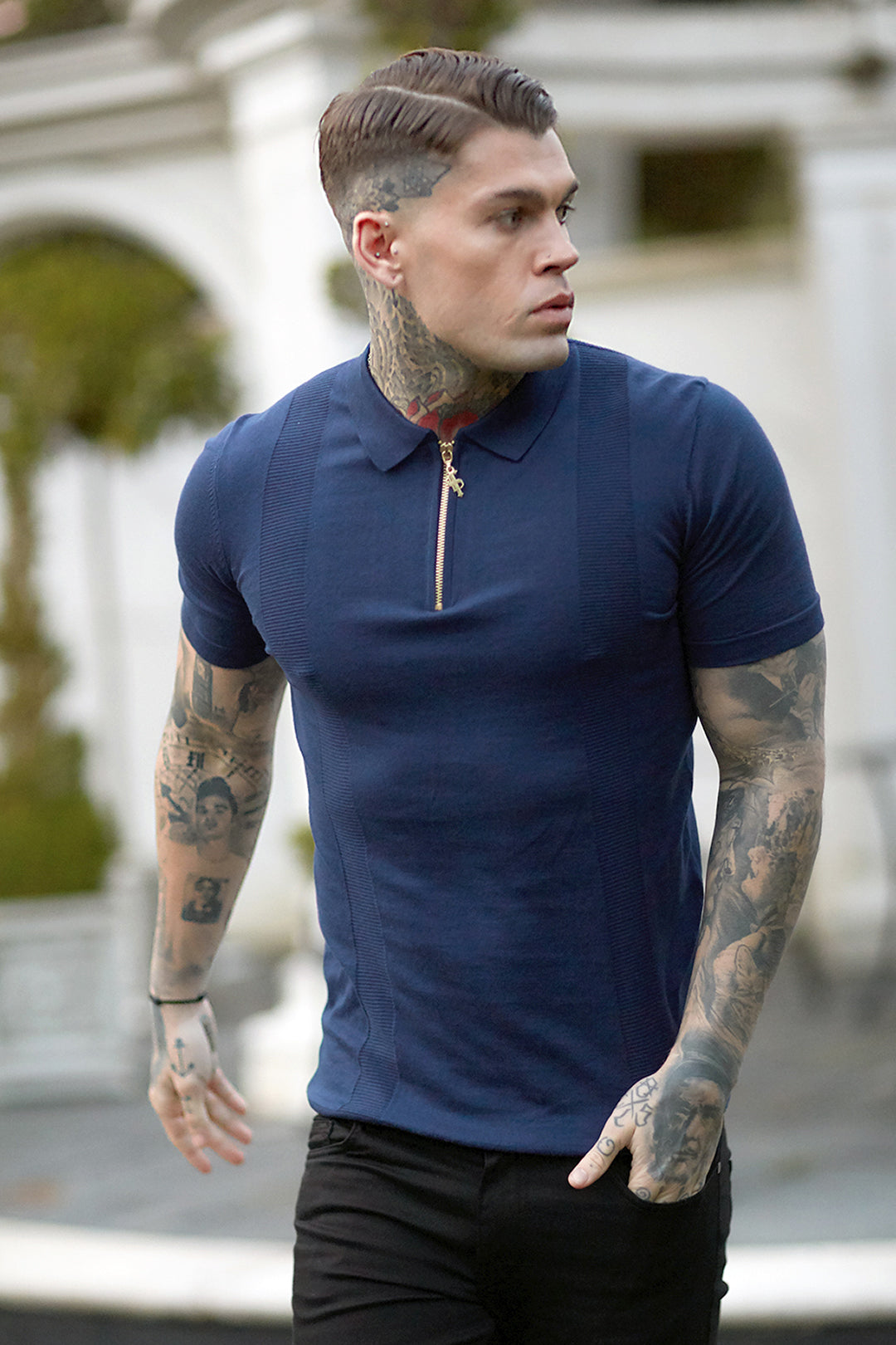 Classic Navy and Gold Zip Knitted Short Sleeve Polo Shirt - FSH417
