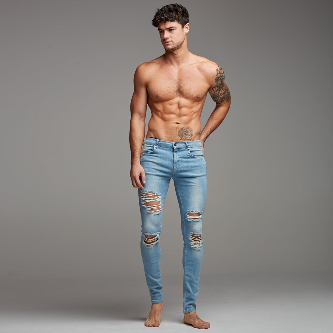 Distressed Ripped Slim Stretch Light Blue Jeans - FSH167