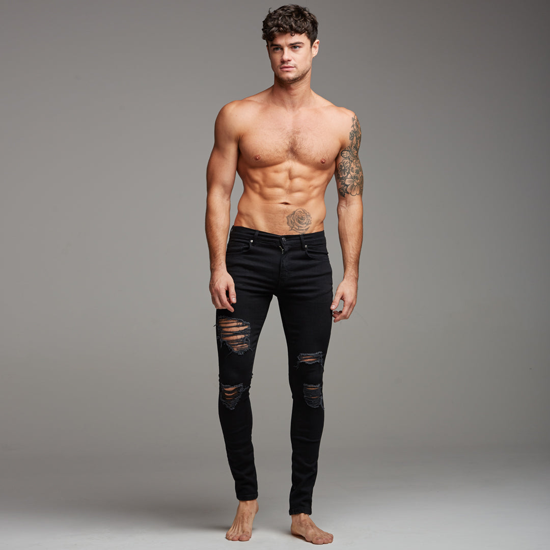 Distressed Ripped Slim Stretch Black Jeans - FSH168