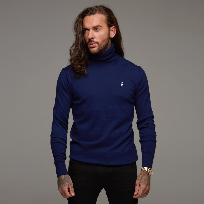 Father Sons Classic Navy Roll Neck Knitted Jumper (White Emblem) - FSH082