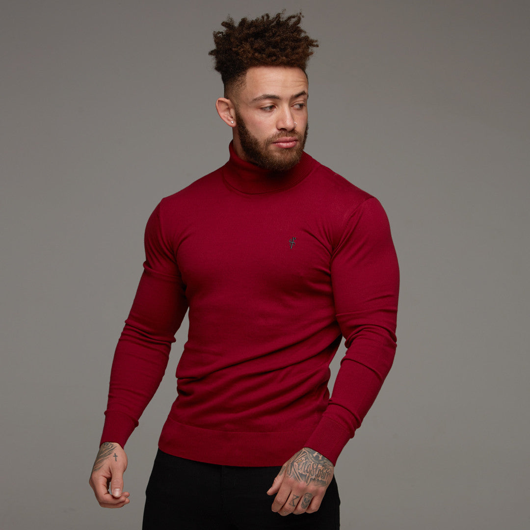 Classic Red Roll Neck Knitted Jumper (Charcoal Emblem) - FSH086 (LAST CHANCE)
