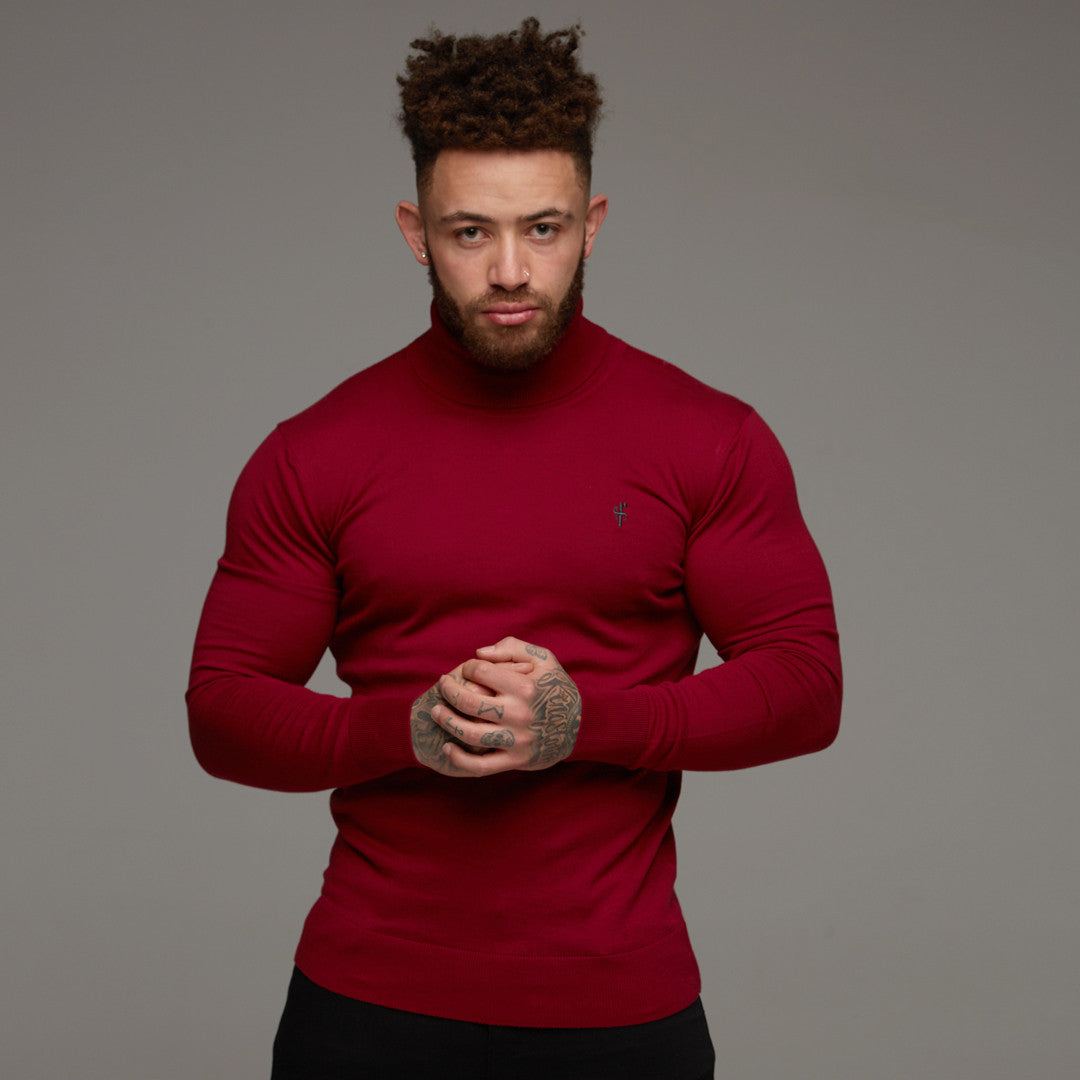 Classic Red Roll Neck Knitted Jumper (Charcoal Emblem) - FSH086 (LAST CHANCE)