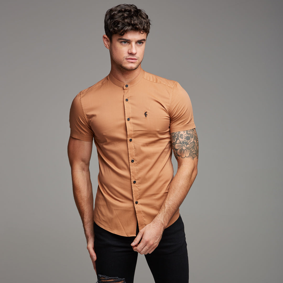 Super Slim Stretch Classic Tan Grandad Collar Short Sleeve - FS287 (LAST CHANCE)