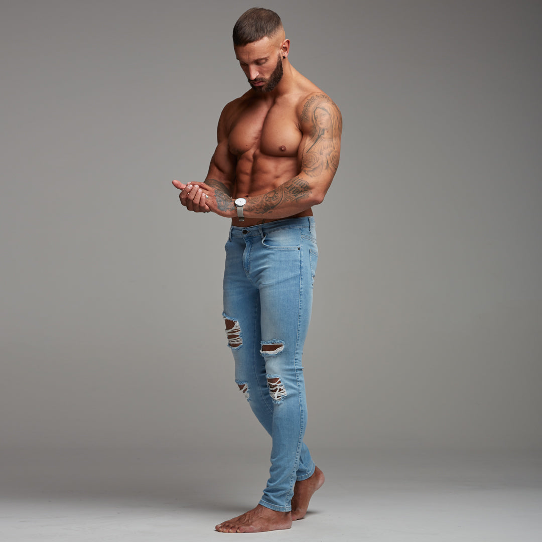Distressed Ripped Slim Stretch Light Blue Jeans - FSH167