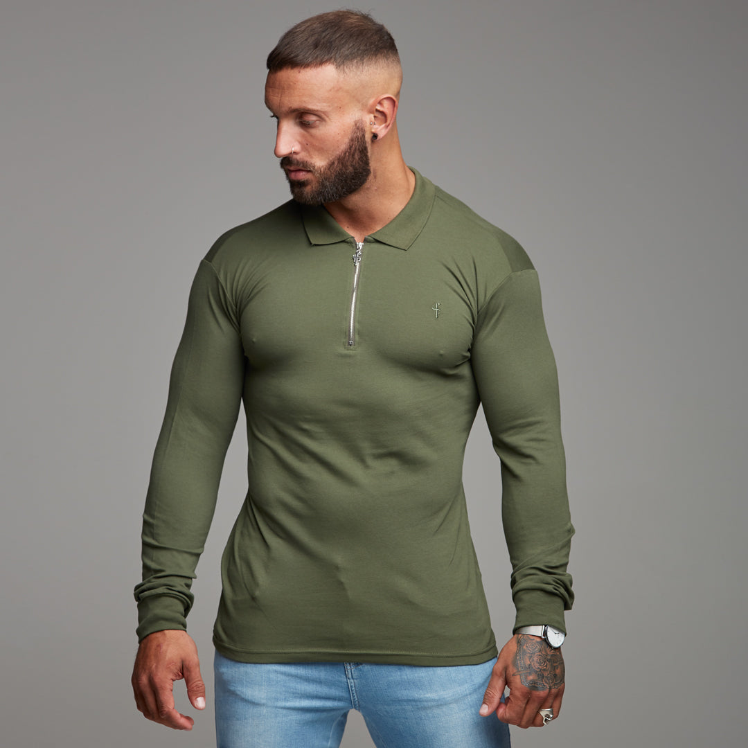 Classic Khaki Zipped Polo Long Sleeve Shirt - FSH023