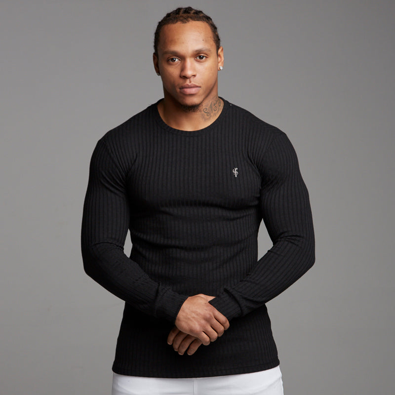 Father Sons Classic Black Ribbed Knit Super Slim Crew - FSH162