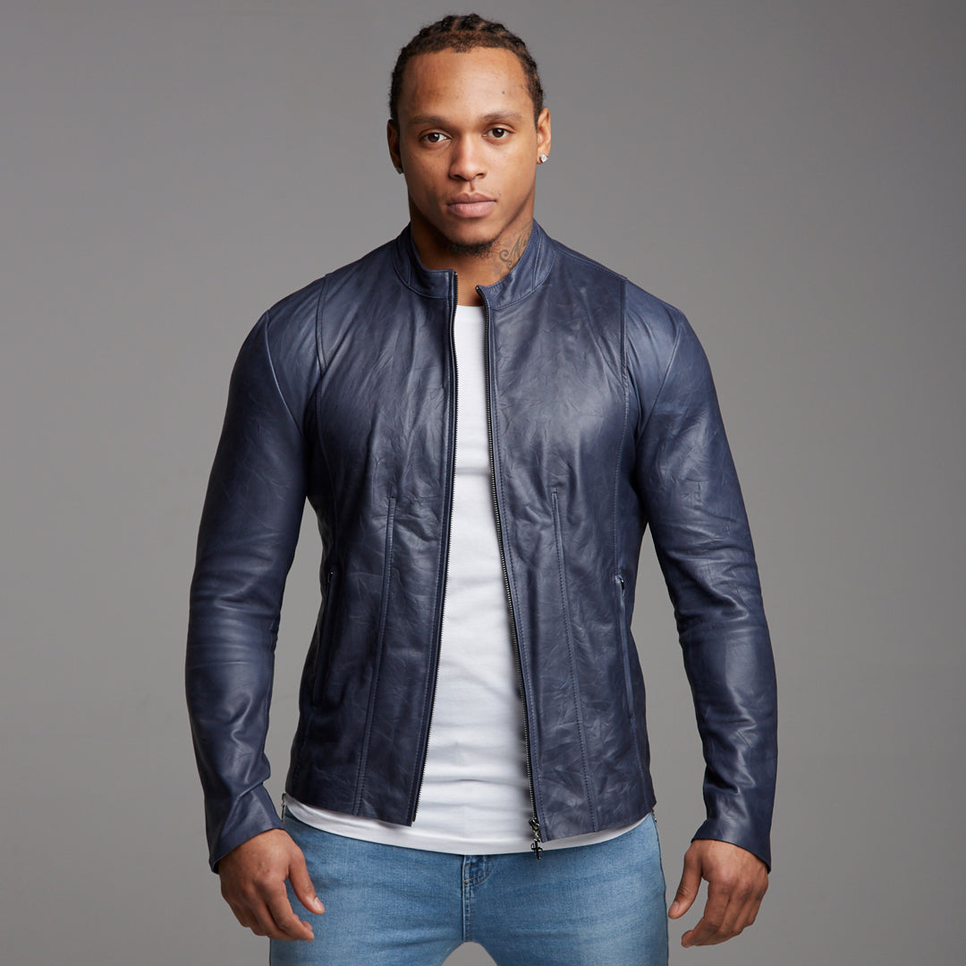 Navy Lambs Leather Jacket - FSH217