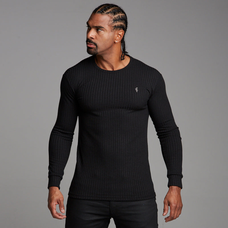 Father Sons Classic Black Ribbed Knit Super Slim Crew - FSH162