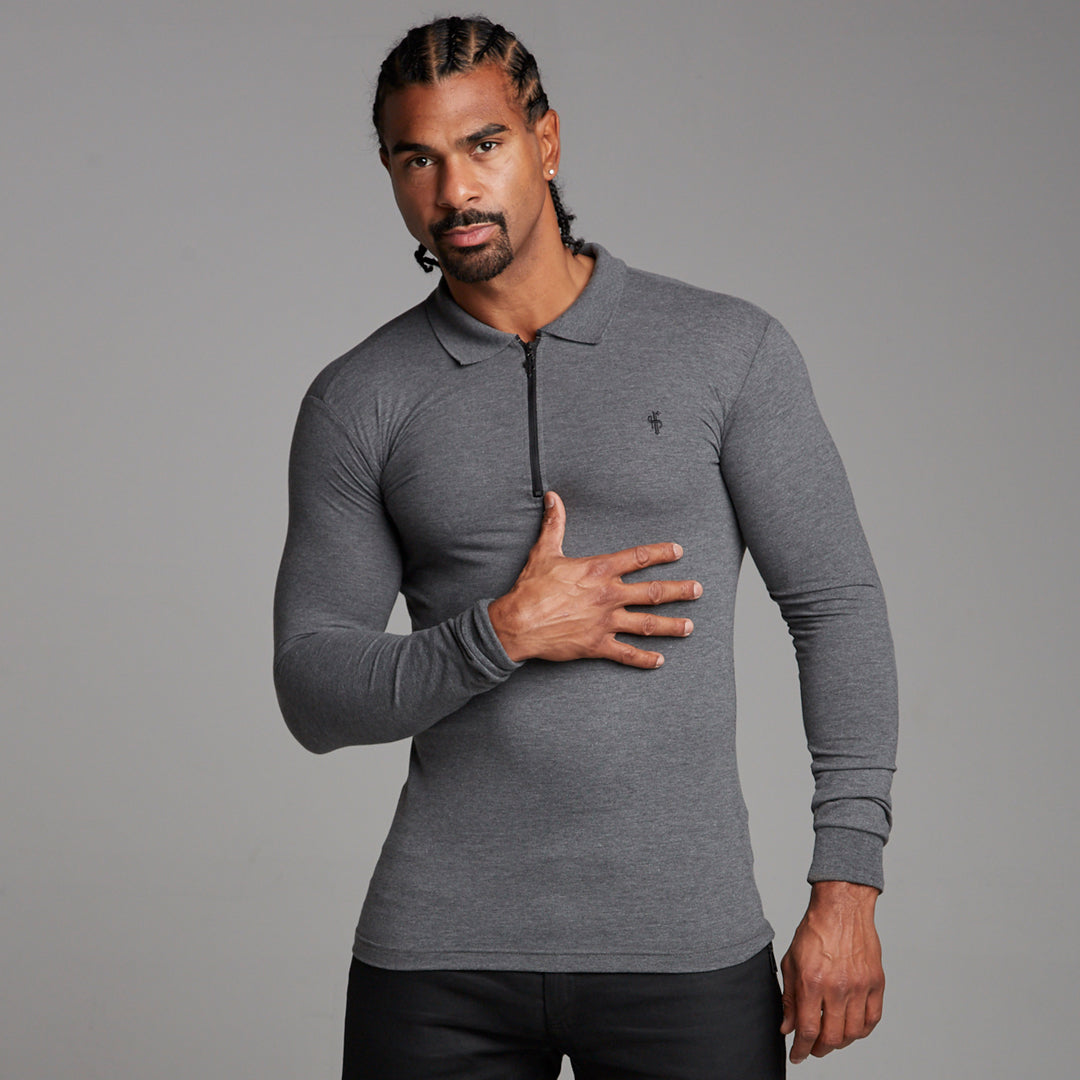 Classic Dark Grey Zipped Polo Long Sleeve Shirt - FSH026