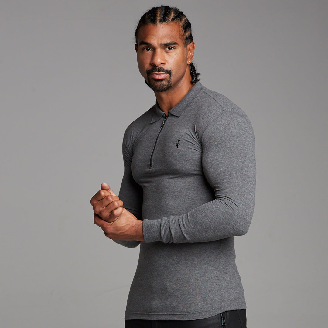 Classic Dark Grey Zipped Polo Long Sleeve Shirt - FSH026