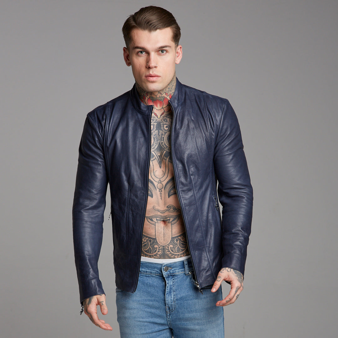 Navy Lambs Leather Jacket - FSH217