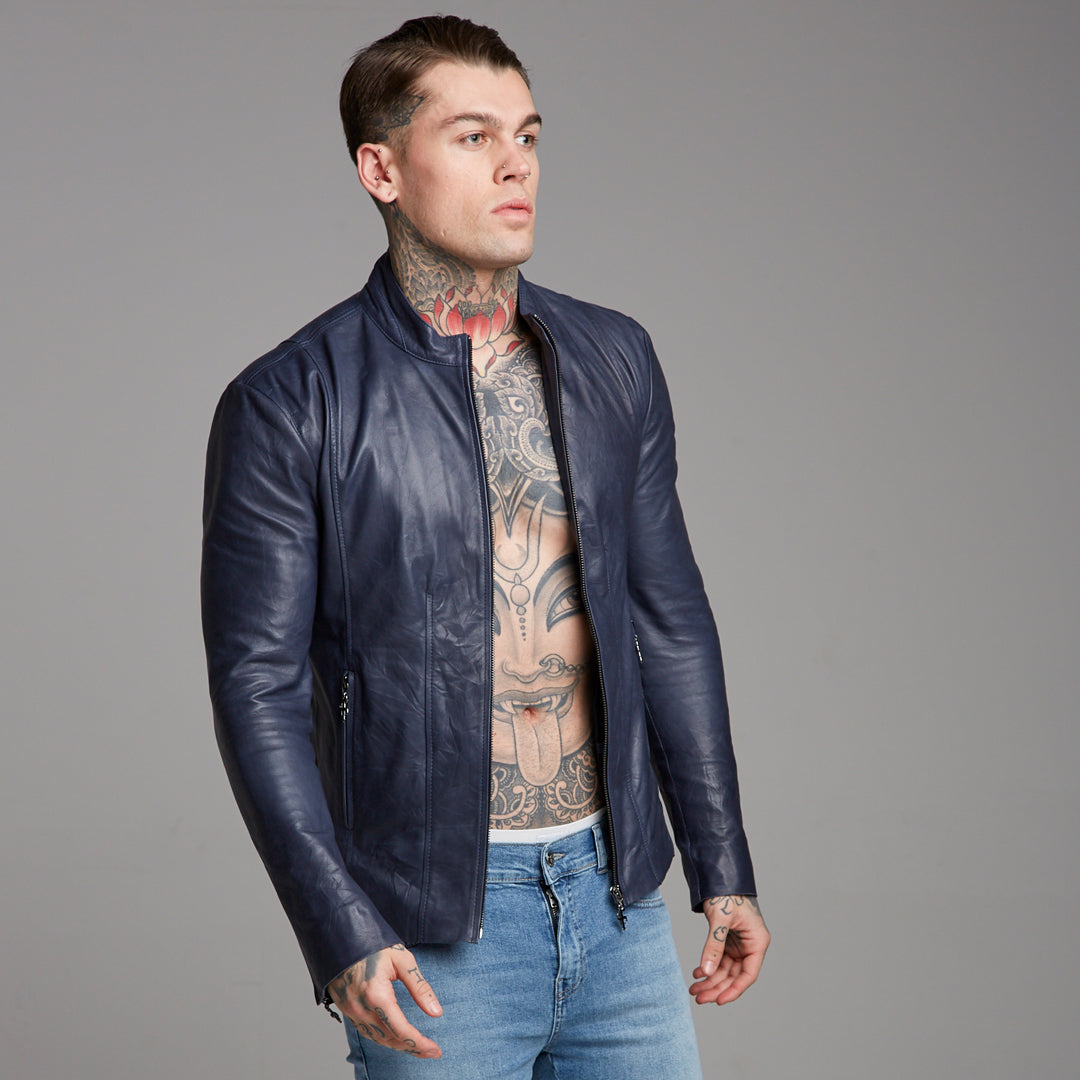 Navy Lambs Leather Jacket - FSH217