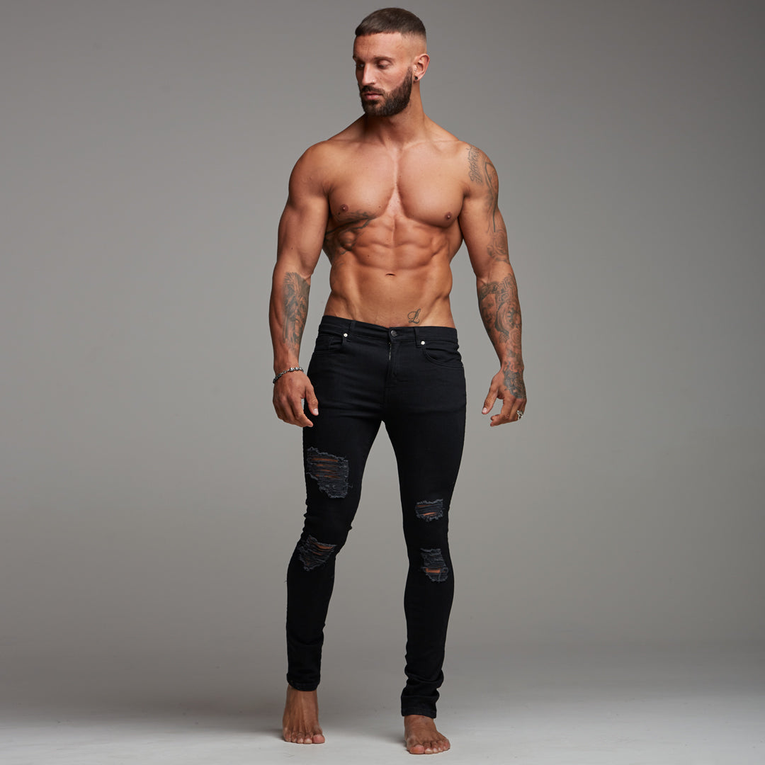 Distressed Ripped Slim Stretch Black Jeans - FSH168